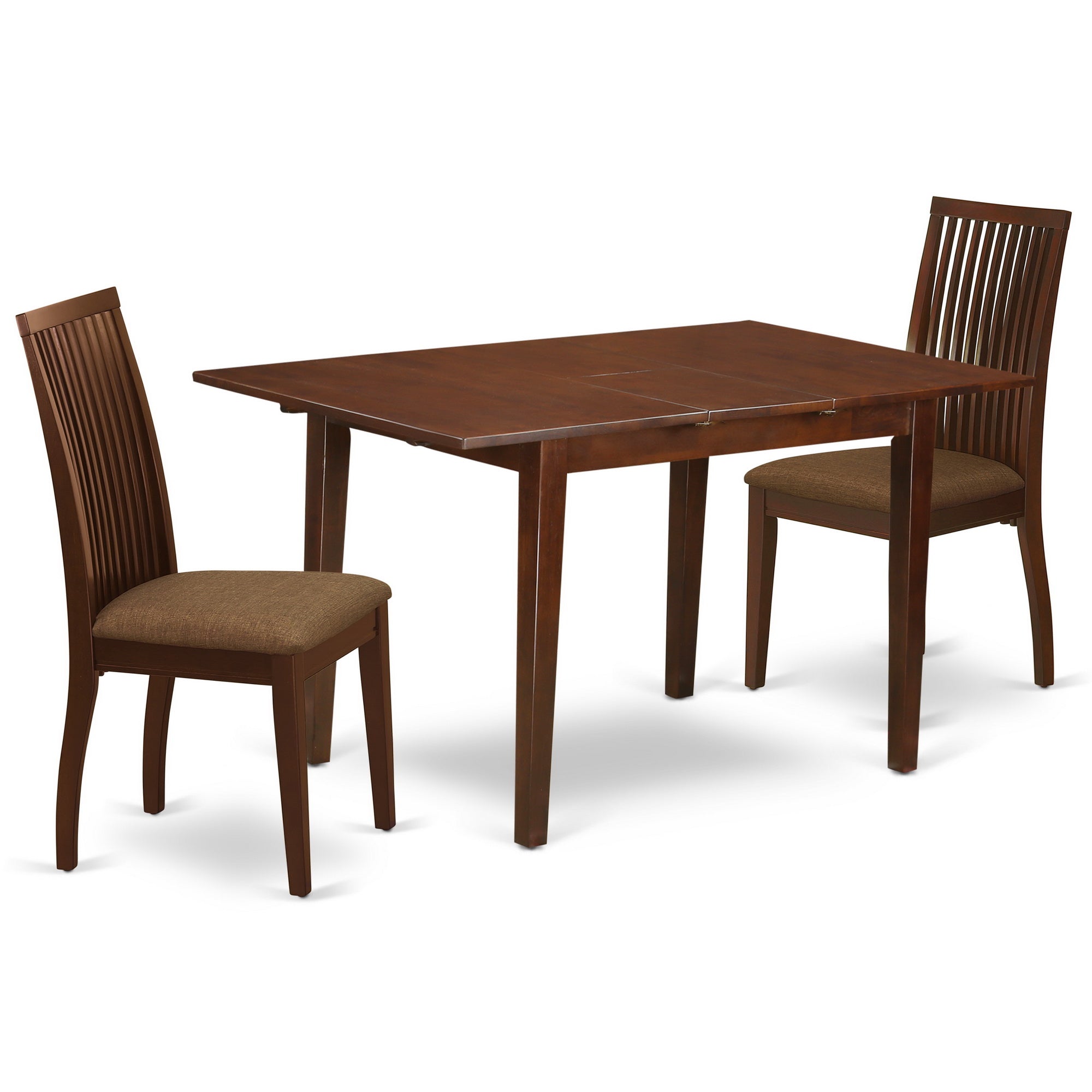 Juego de comedor de 3 piezas East West Furniture NOIP3-MAH-C. Incluye una mesa de cocina rectangular con diseño de hojas de mariposa y dos sillas tapizadas en tela de lino.
