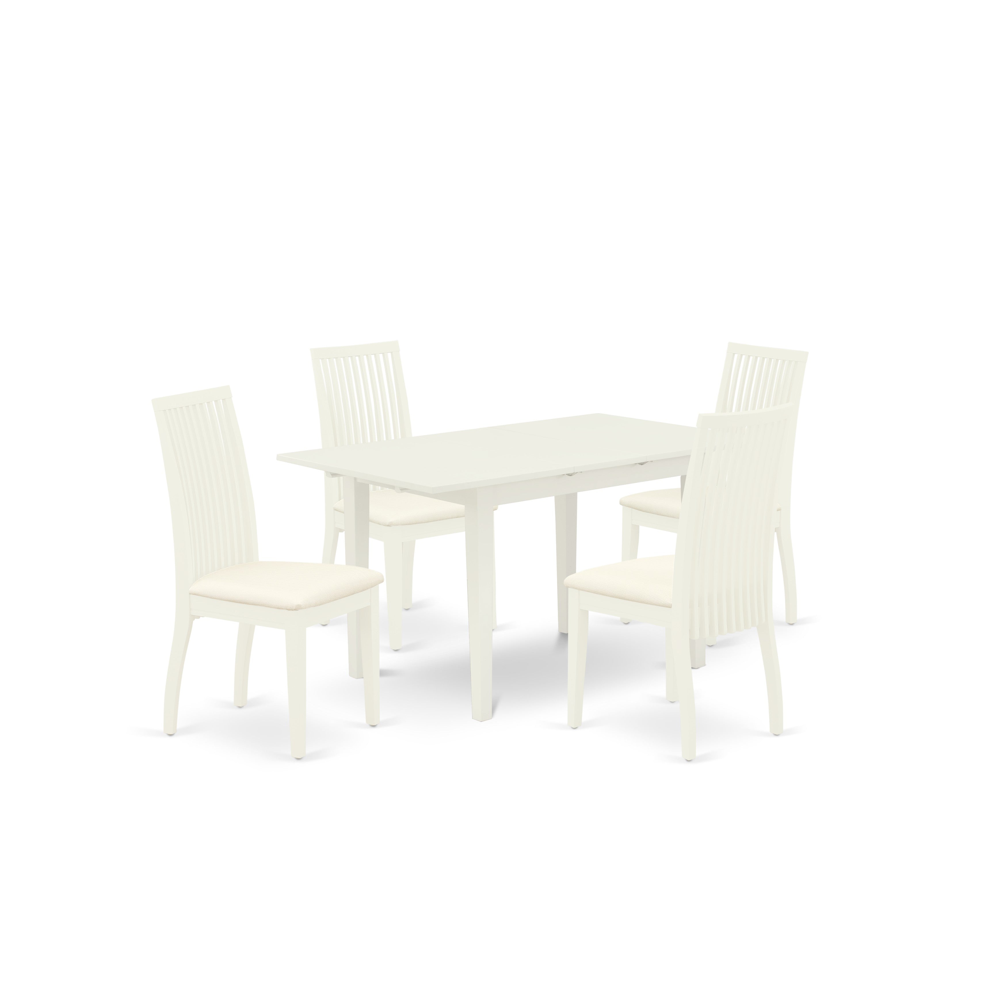 Juego de comedor de 5 piezas East West Furniture NOIP5-LWH-C. Incluye una mesa de comedor rectangular con diseño de hojas de mariposa y 4 sillas tapizadas en tela de lino.