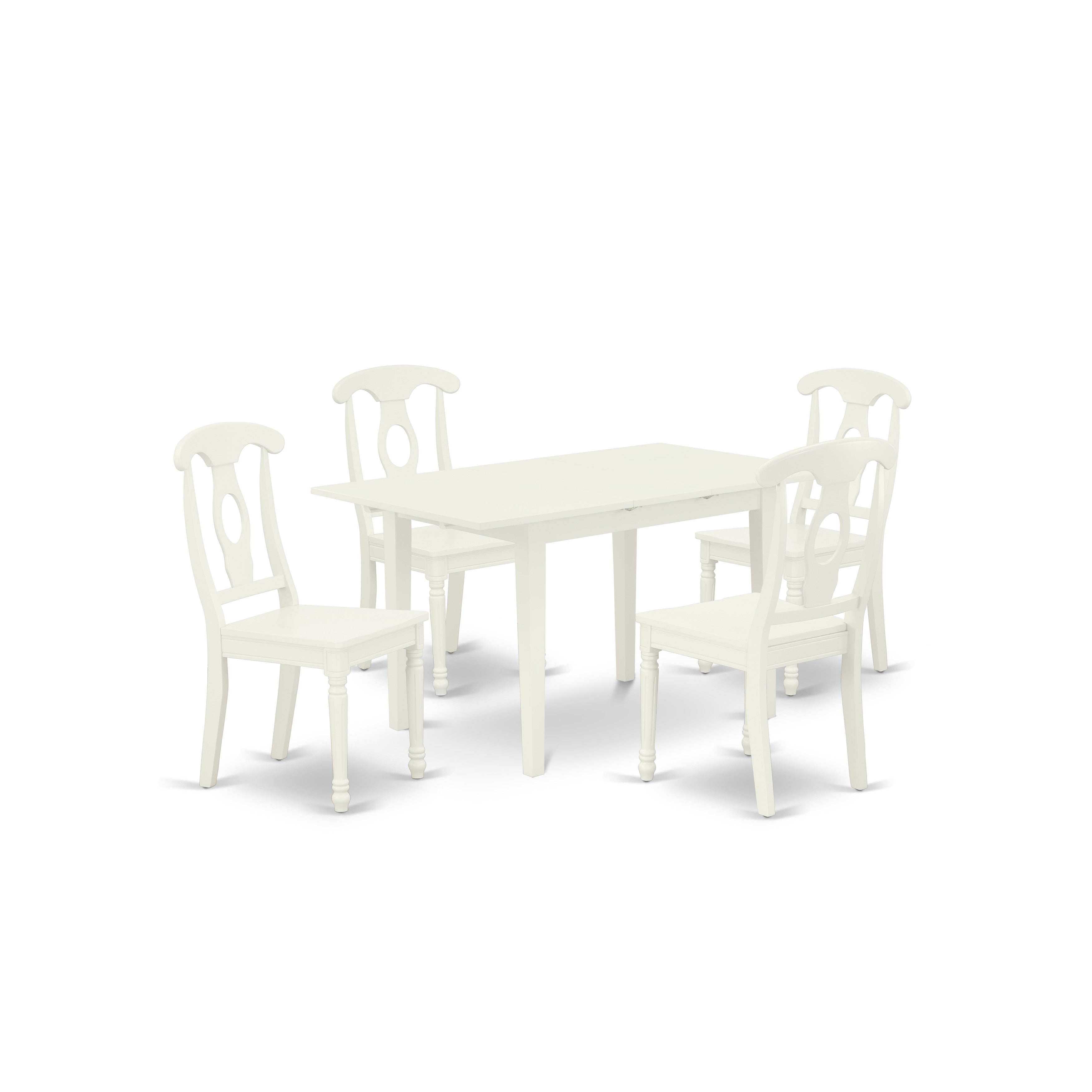 East West Furniture NOKE5-LWH-W 5-Piece Dinette Set 4 Dining Chairs with Napoleon Back and wooden seat and Butterfly Leaf Small Rectangular Dining Table with Rectangular Top and 4 Legs- Linen White Finish