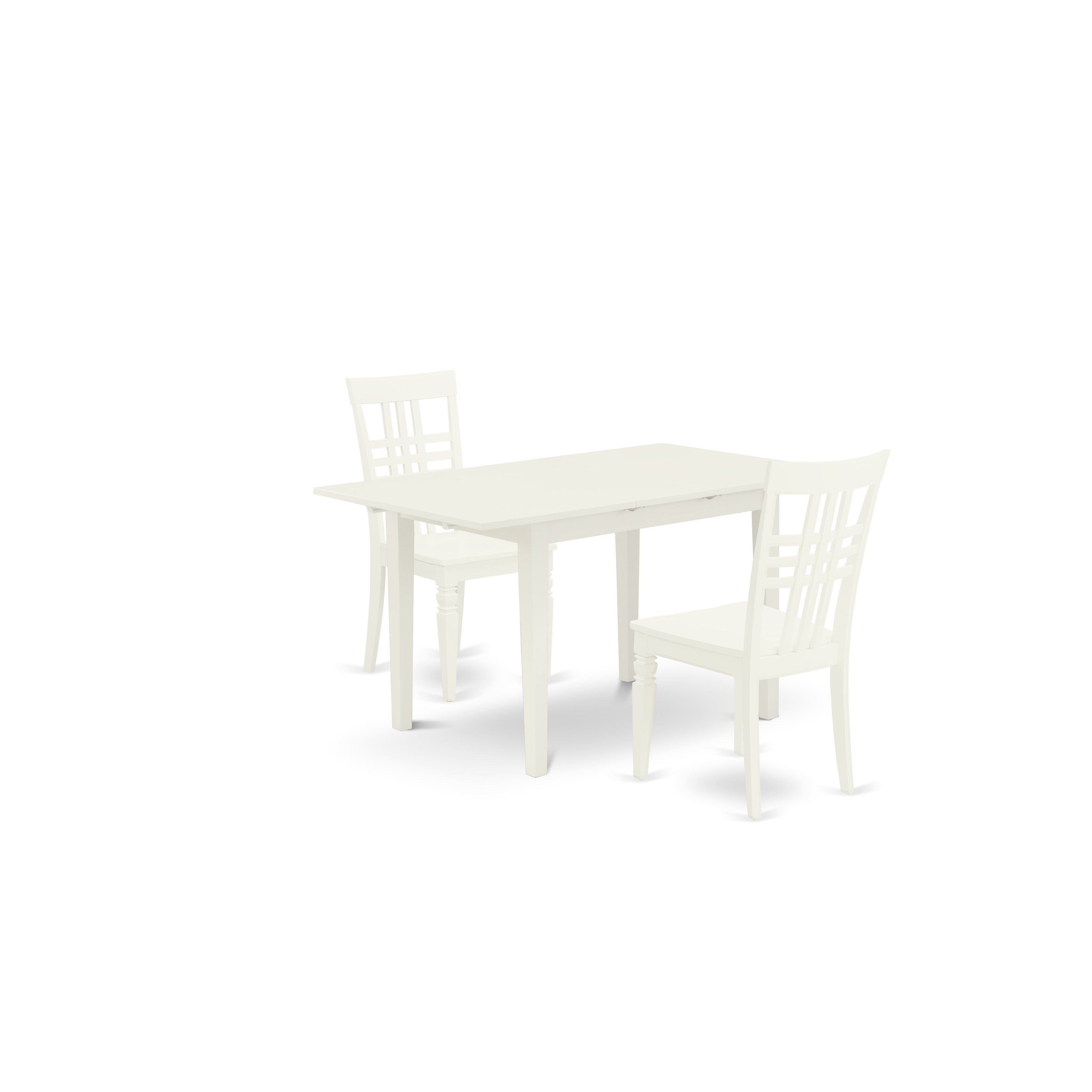 East West Furniture NOLG3-LWH-W 3-Pc kitchen dining table set 2 kitchen chairs with Slatted Back and a Butterfly Leaf Wooden Seat and mid century dining table with Rectangular Top and 4 Legs- Linen White Finish