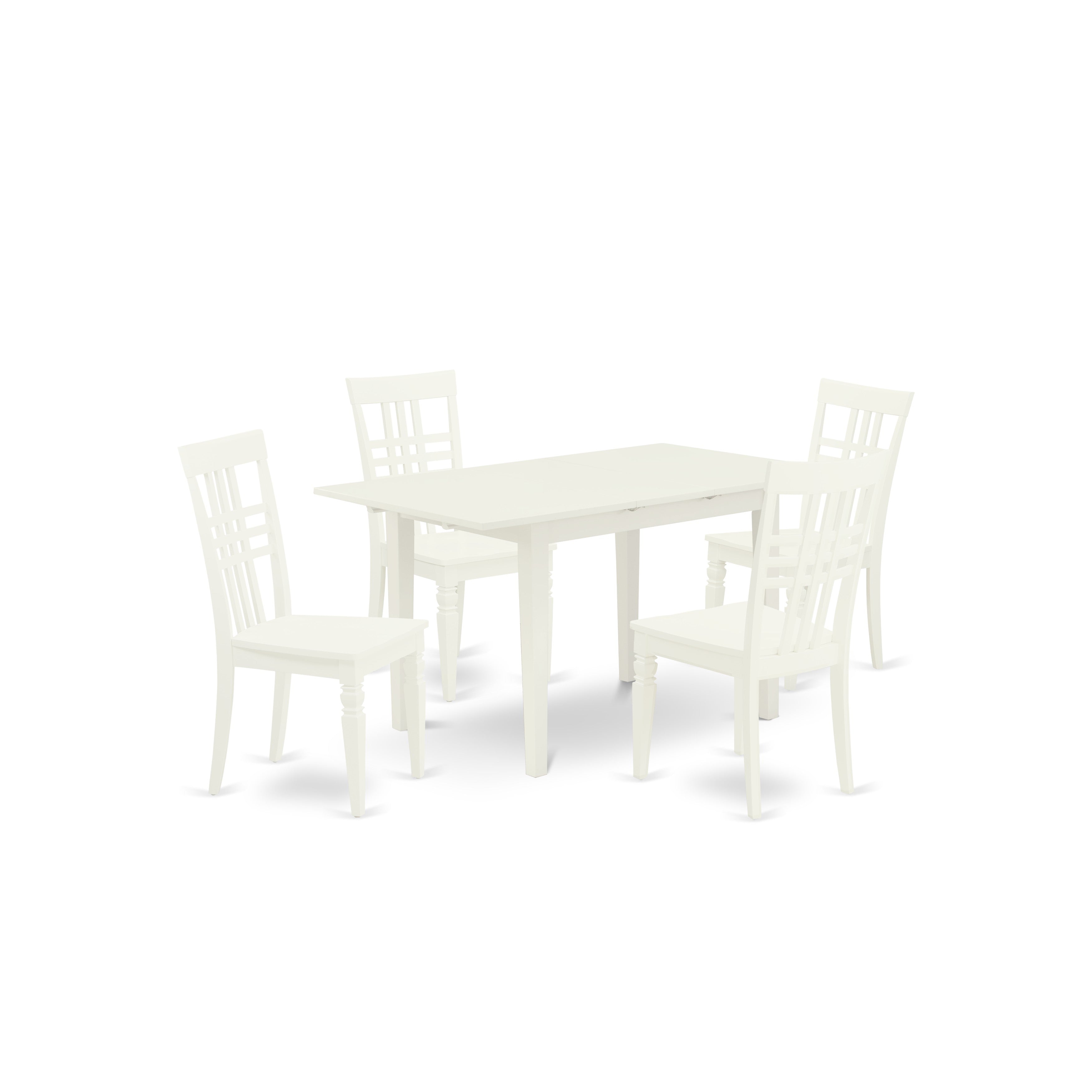 El juego de mesa de comedor de 5 piezas East West Furniture NOLG5-LWH-W incluye una mesa de cocina rectangular con diseño de hojas de mariposa y 4 sillas de comedor.