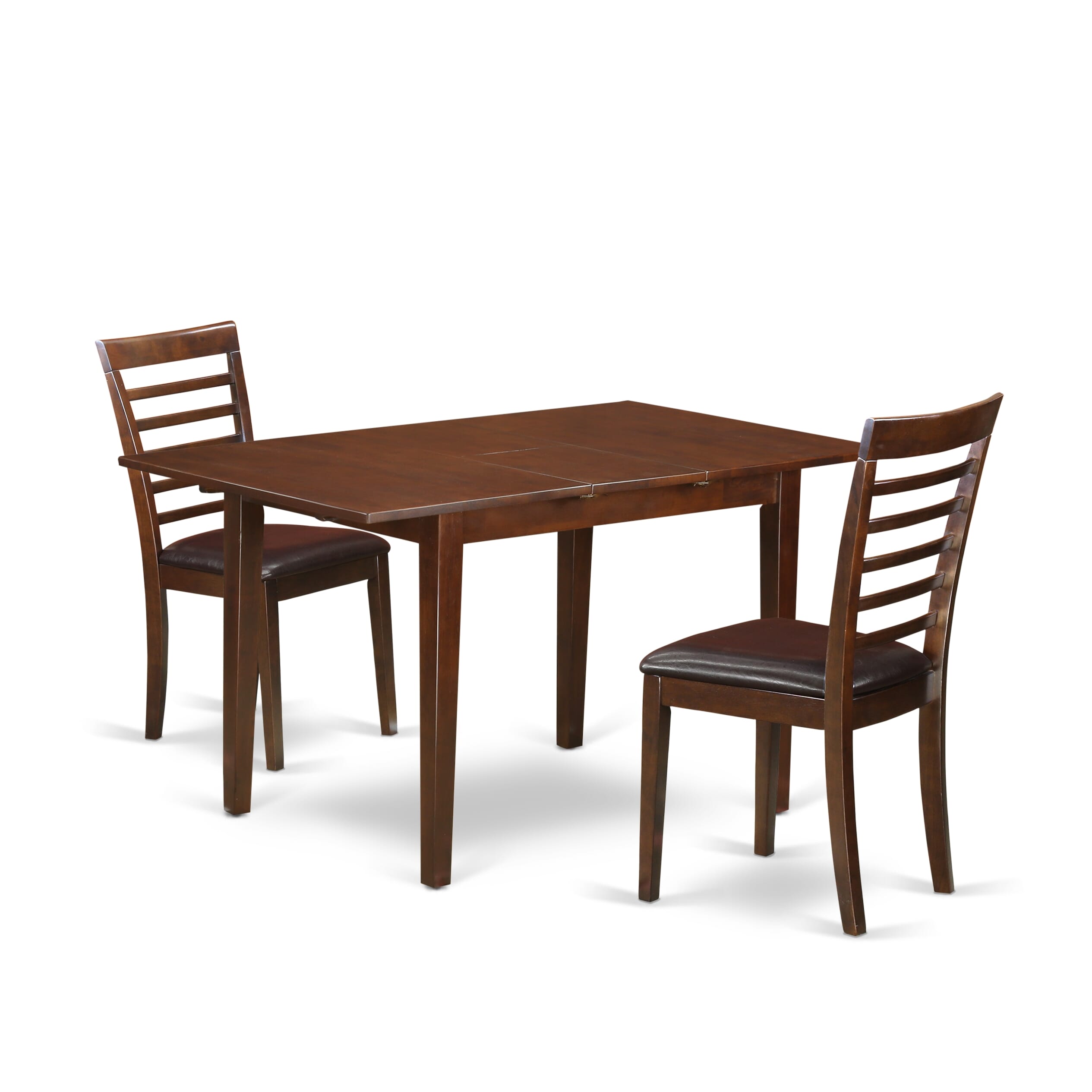 Juego de mesa de comedor de 3 piezas East West Furniture NOML3-MAH-LC. Incluye una mesa de comedor rectangular con diseño de hojas de mariposa y dos sillas tapizadas en piel sintética.