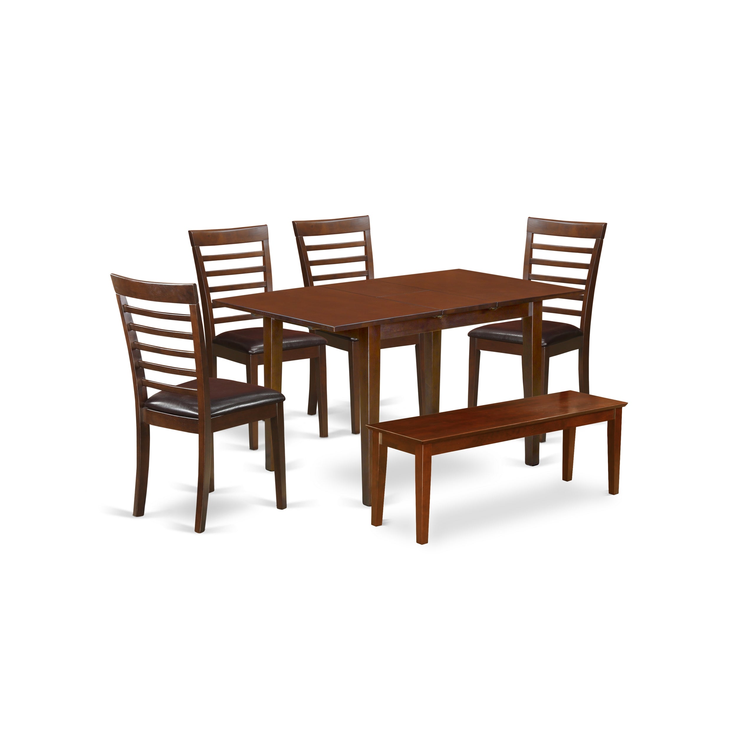 Juego de comedor de 6 piezas East West Furniture NOML6C-MAH-LC. Contiene una mesa de cocina rectangular con hojas de mariposa y 4 sillas de comedor de piel sintética con un banco.