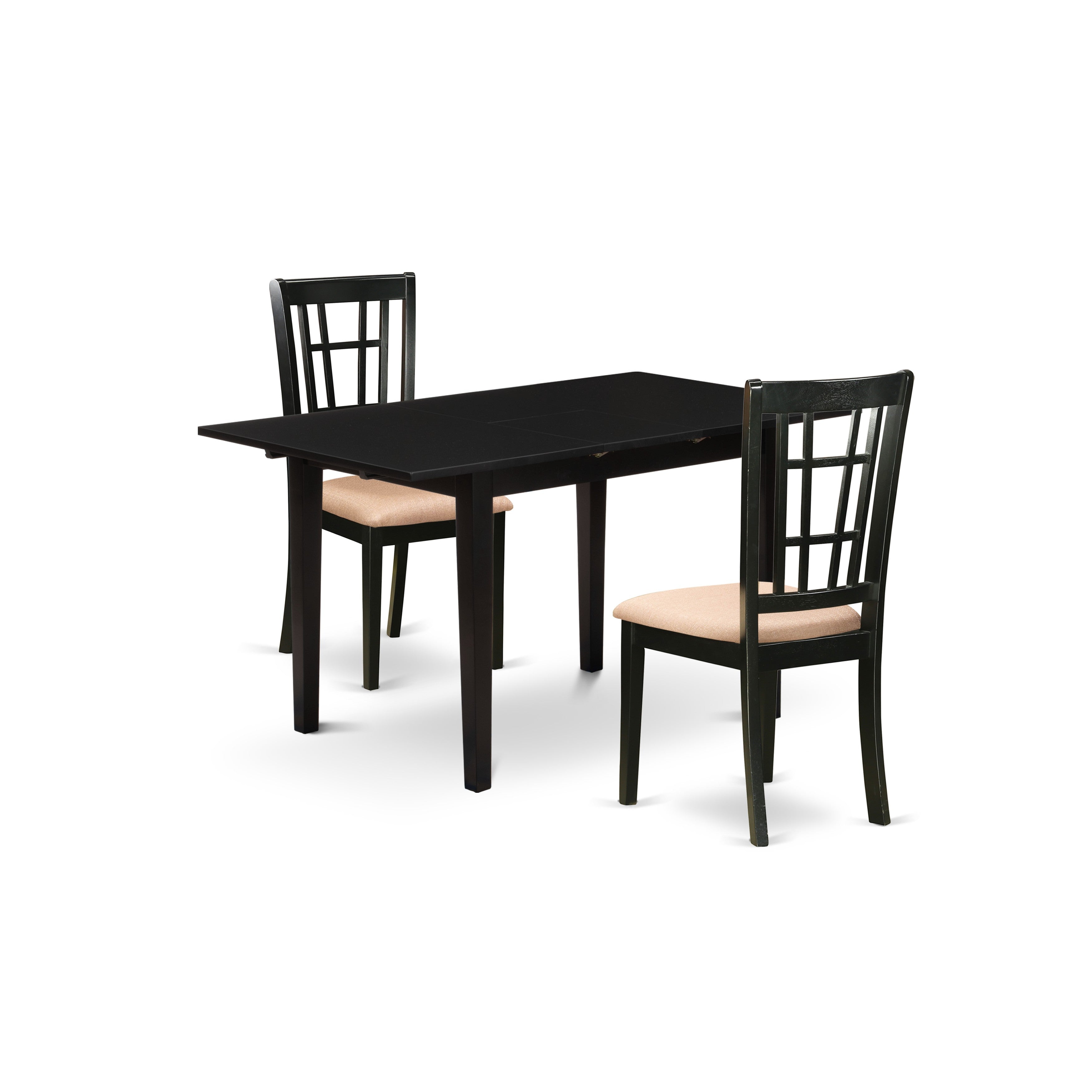 East West Furniture NONI3-BLK-C 3-Pc Modern Dinette Set 2 Wood Dining Chairs with Slatted Back and a Linen Fabric Seat and Butterfly Leaf Dining Table with Rectangular Top and 4 Legs- Black Finish