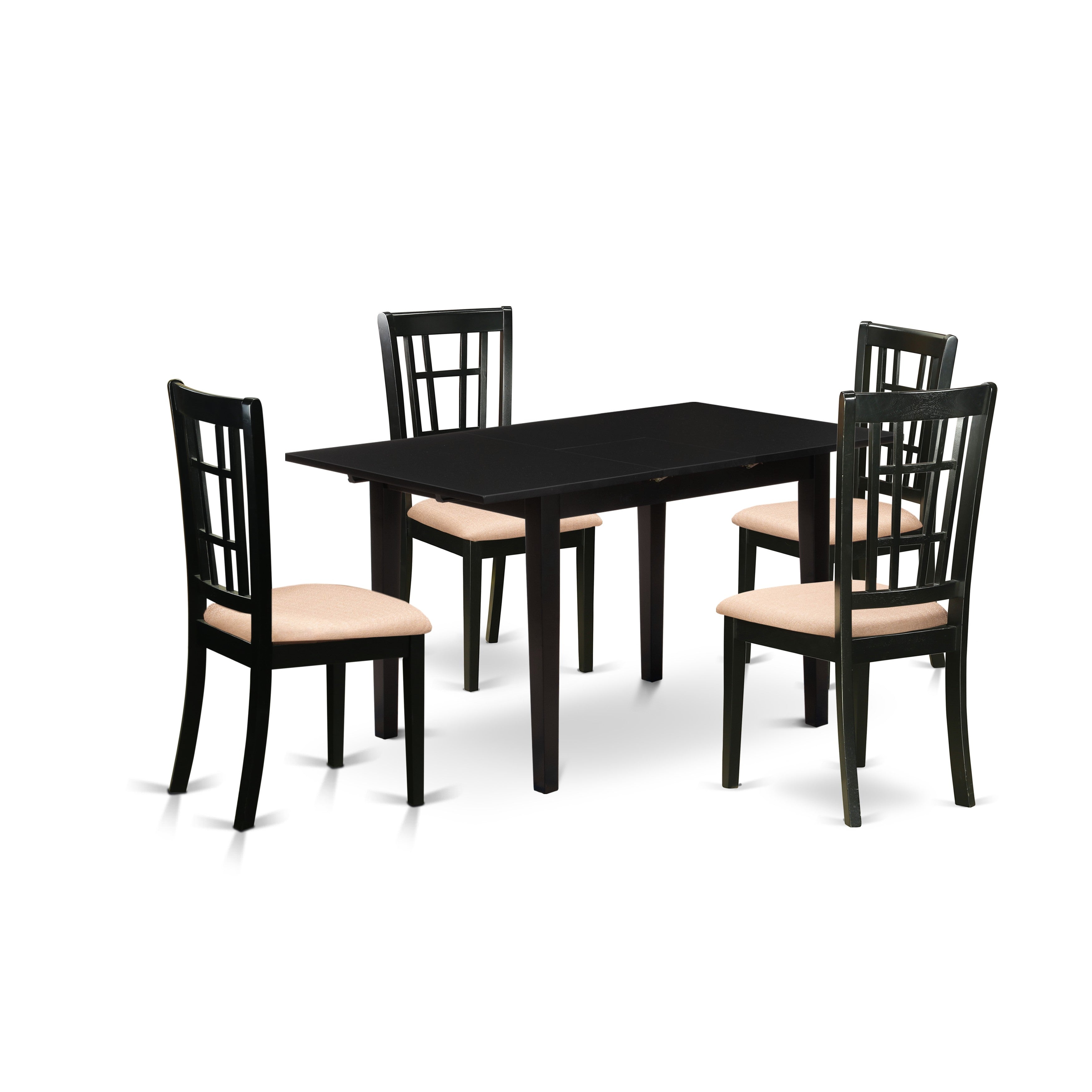 Juego de mesa de comedor East West Furniture NONI5-BLK-C de 5 piezas para 4 personas. Incluye una mesa de cocina rectangular con diseño de hojas de mariposa y 4 sillas tapizadas en tela de lino.