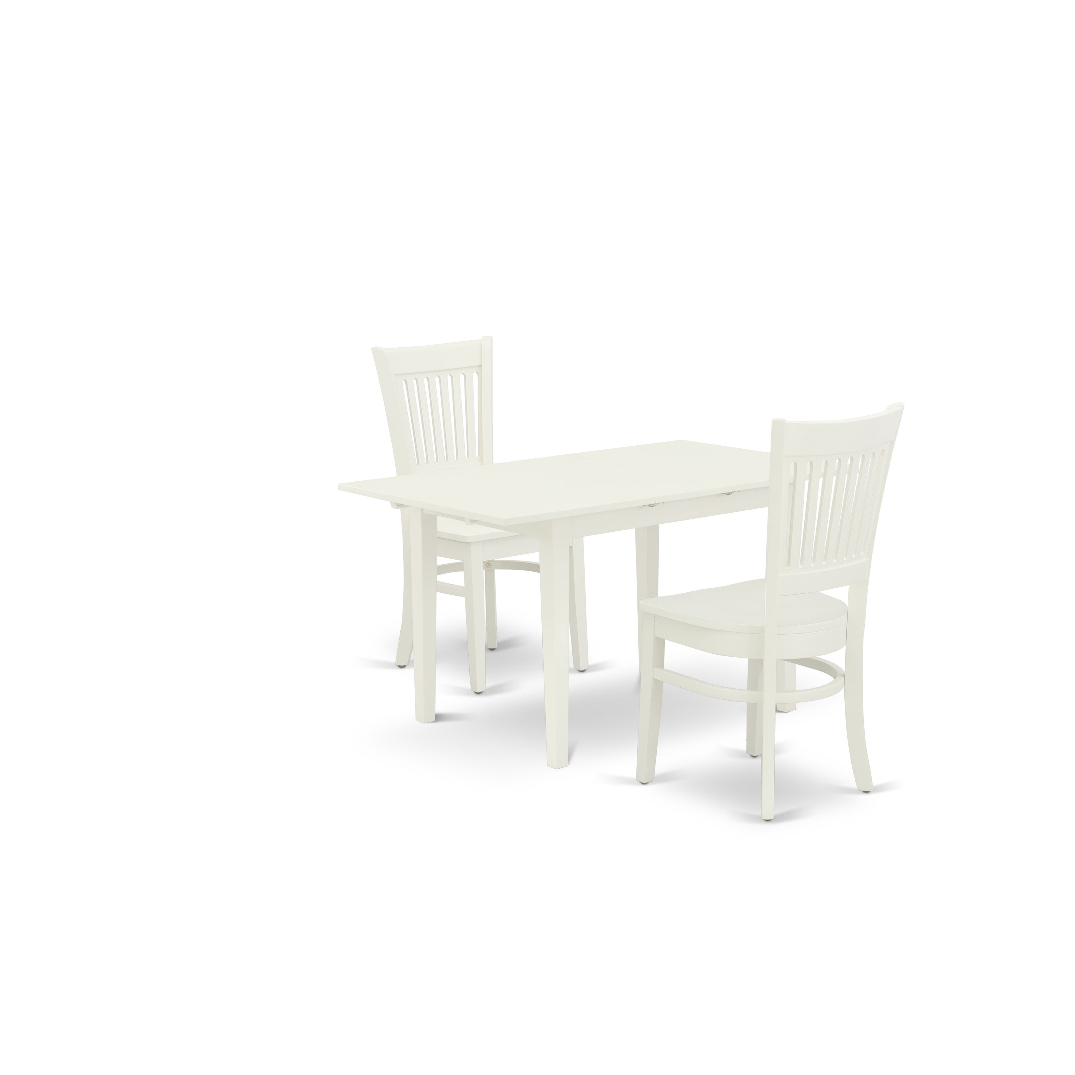 East West Furniture NOVA3-LWH-W 3-Piece Wood Dining Table Set 2 Dining Chairs with Slatted Back and wooden seat and Butterfly Leaf Dinner Table with Rectangular Top and 4 Legs- Linen White Finish