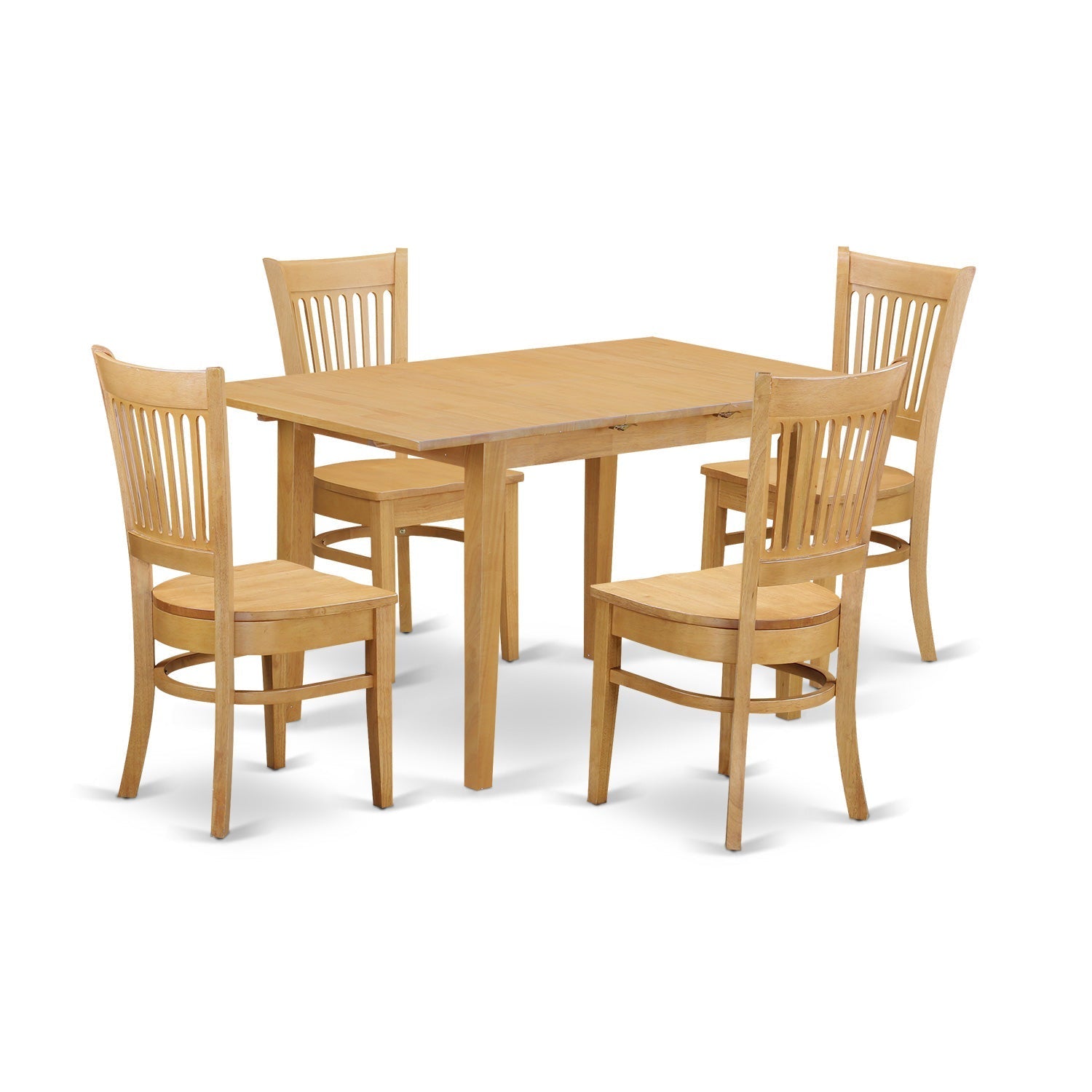 El juego de mesa de comedor de 5 piezas NOVA5-OAK-W de East West Furniture incluye una mesa rectangular de madera con hojas de mariposa y 4 sillas de comedor de cocina.