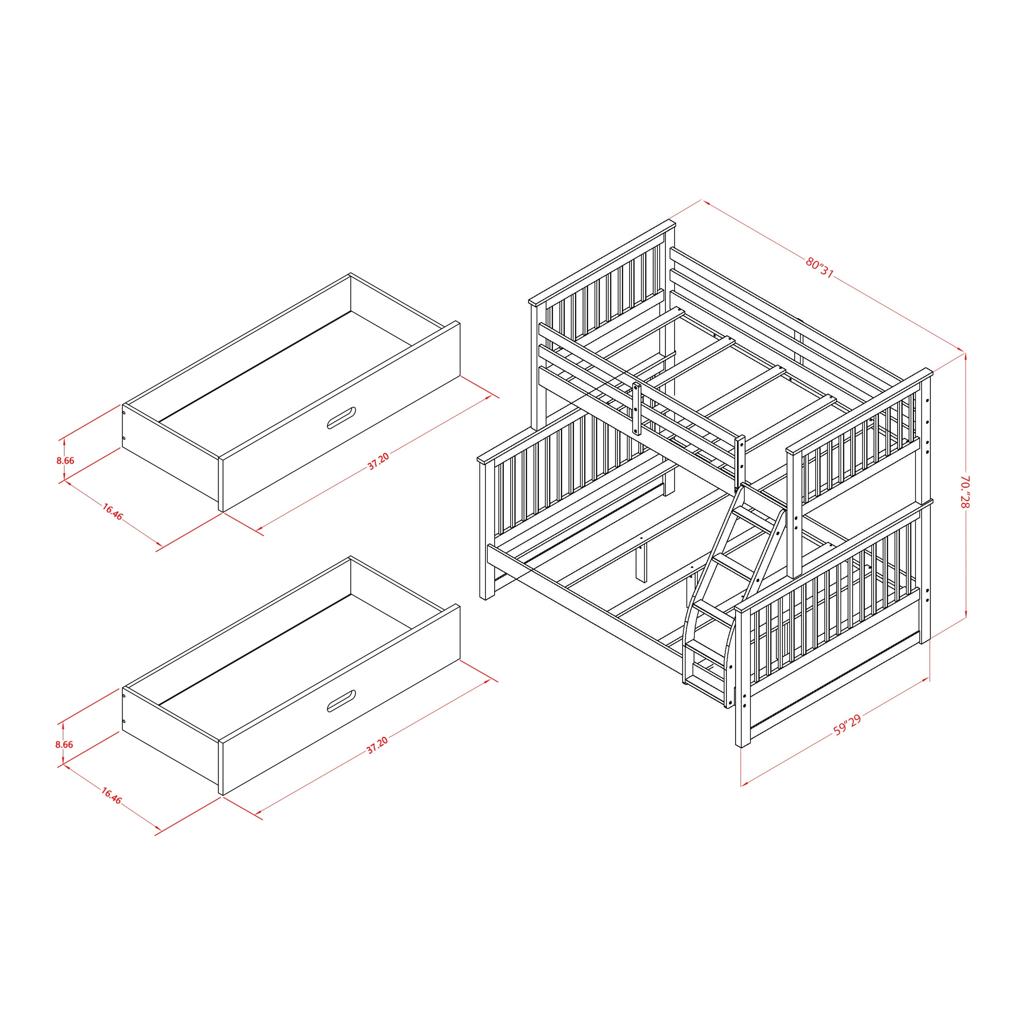 ODB-05-WA gorgeous wood bed - two split beds, a ladder with five steps and the both beds secure due to guard rails and two drawers- Twin/Full-size bunk bed-Linen White Finnish