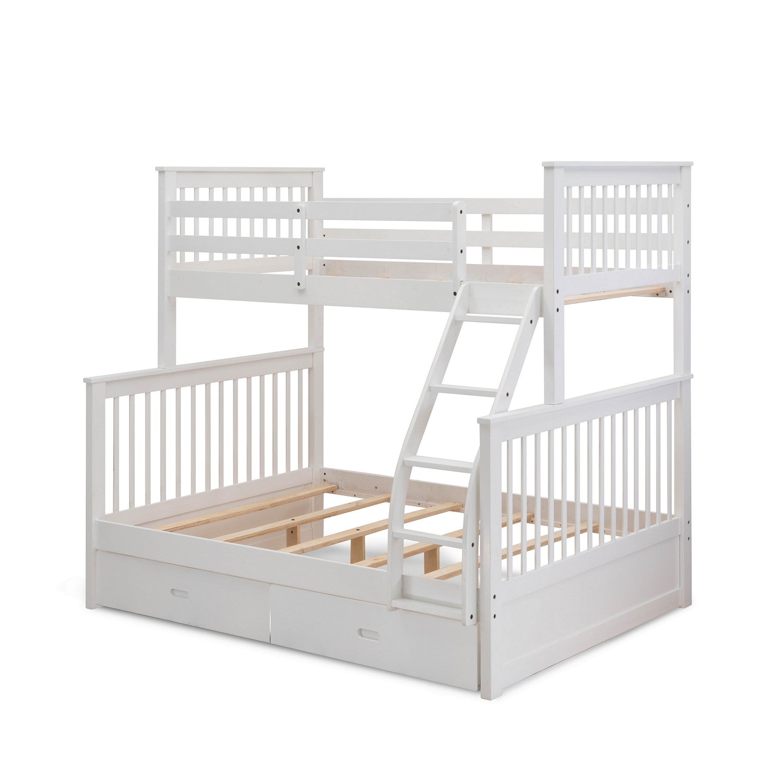 ODB-05-WA gorgeous wood bed - two split beds, a ladder with five steps and the both beds secure due to guard rails and two drawers- Twin/Full-size bunk bed-Linen White Finnish