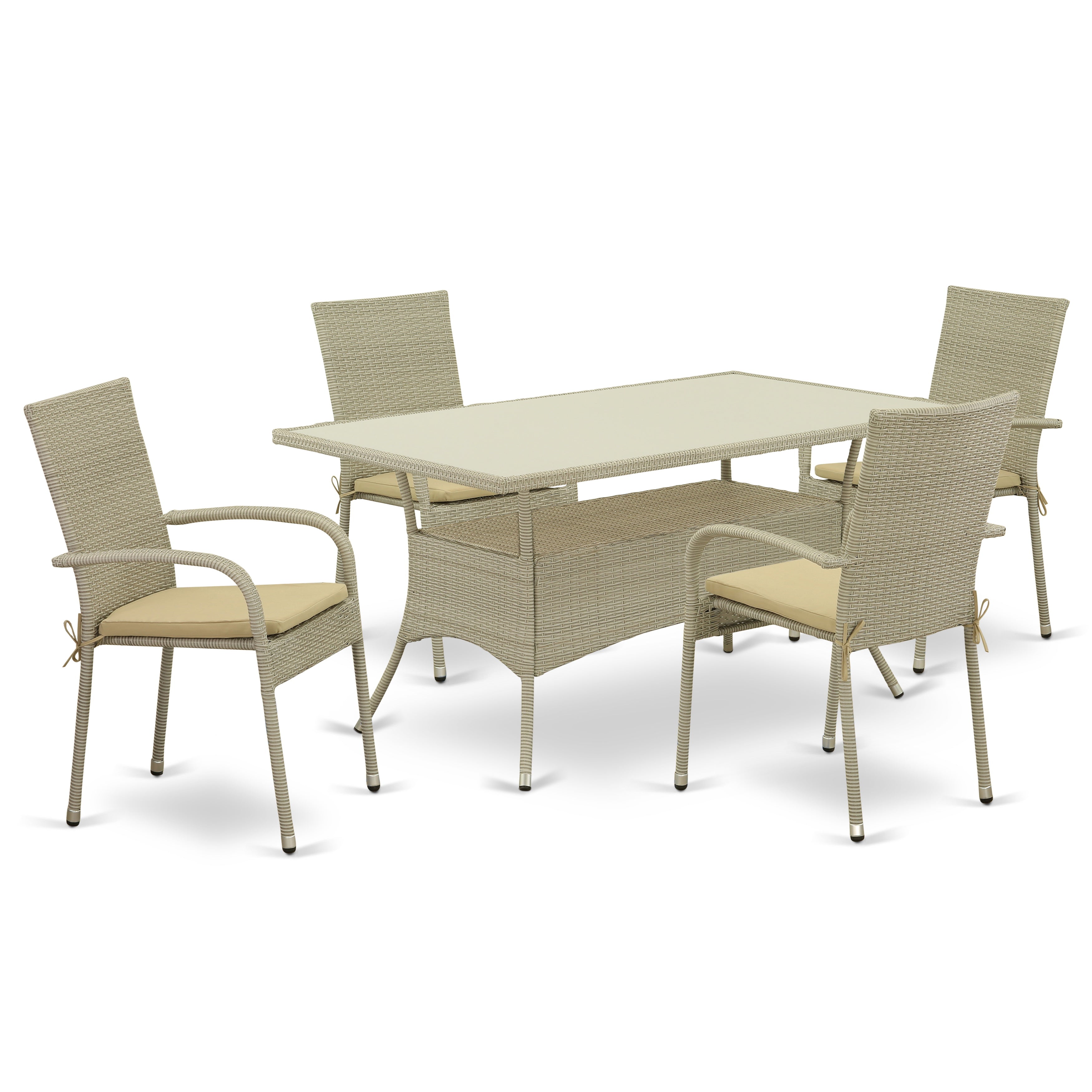 OSGU5-03A 5Pc Outdoor-Furniture Natural Color Wicker Dining Set Includes a Patio Table and 4 Balcony Backyard Armchair with Linen Fabric Cushion