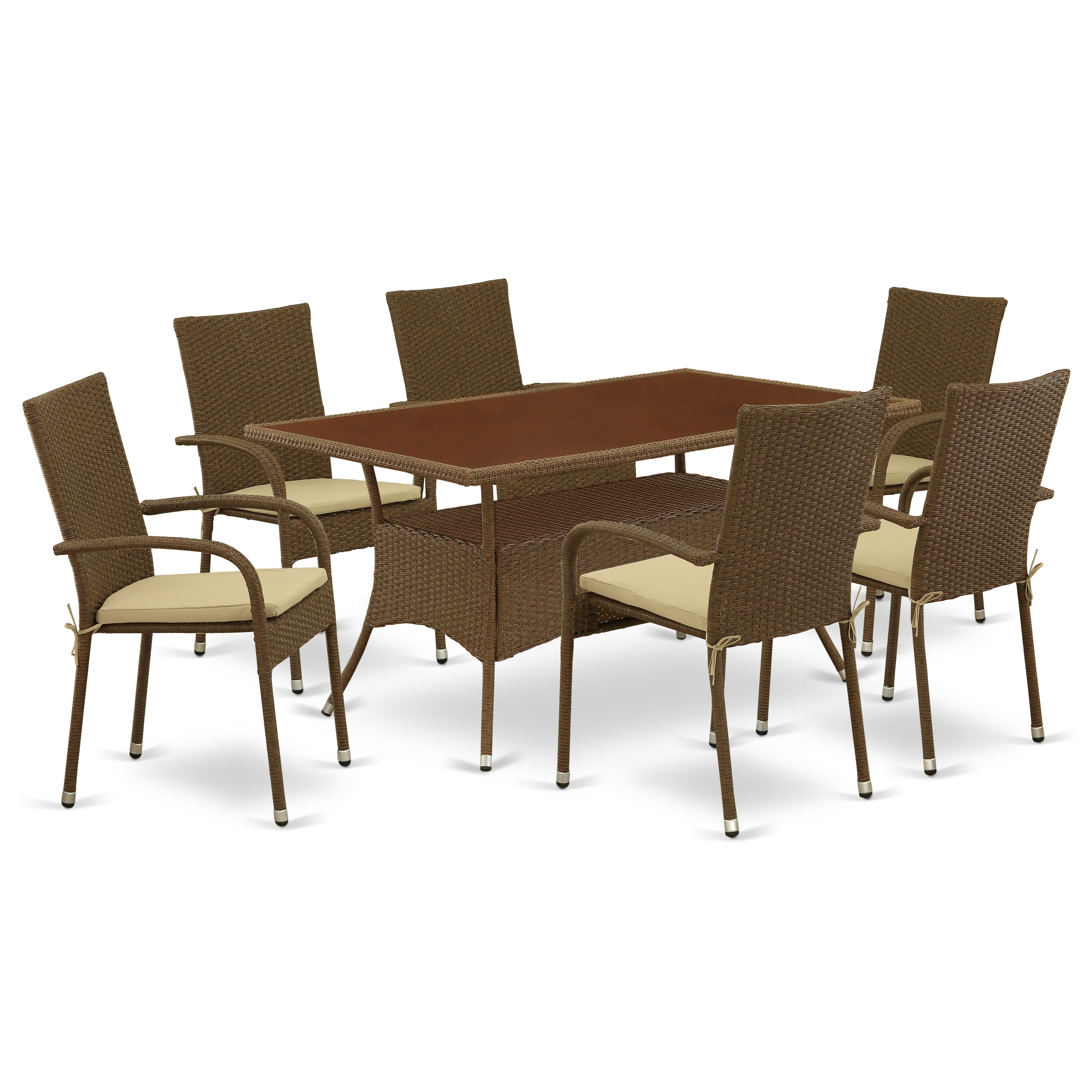 East West Furniture OSGU7-02A Conjunto de conversación para patio al aire libre de 7 piezas Incluye una mesa de comedor rectangular de mimbre con tapa de vidrio y 6 sillones de balcón con cojín