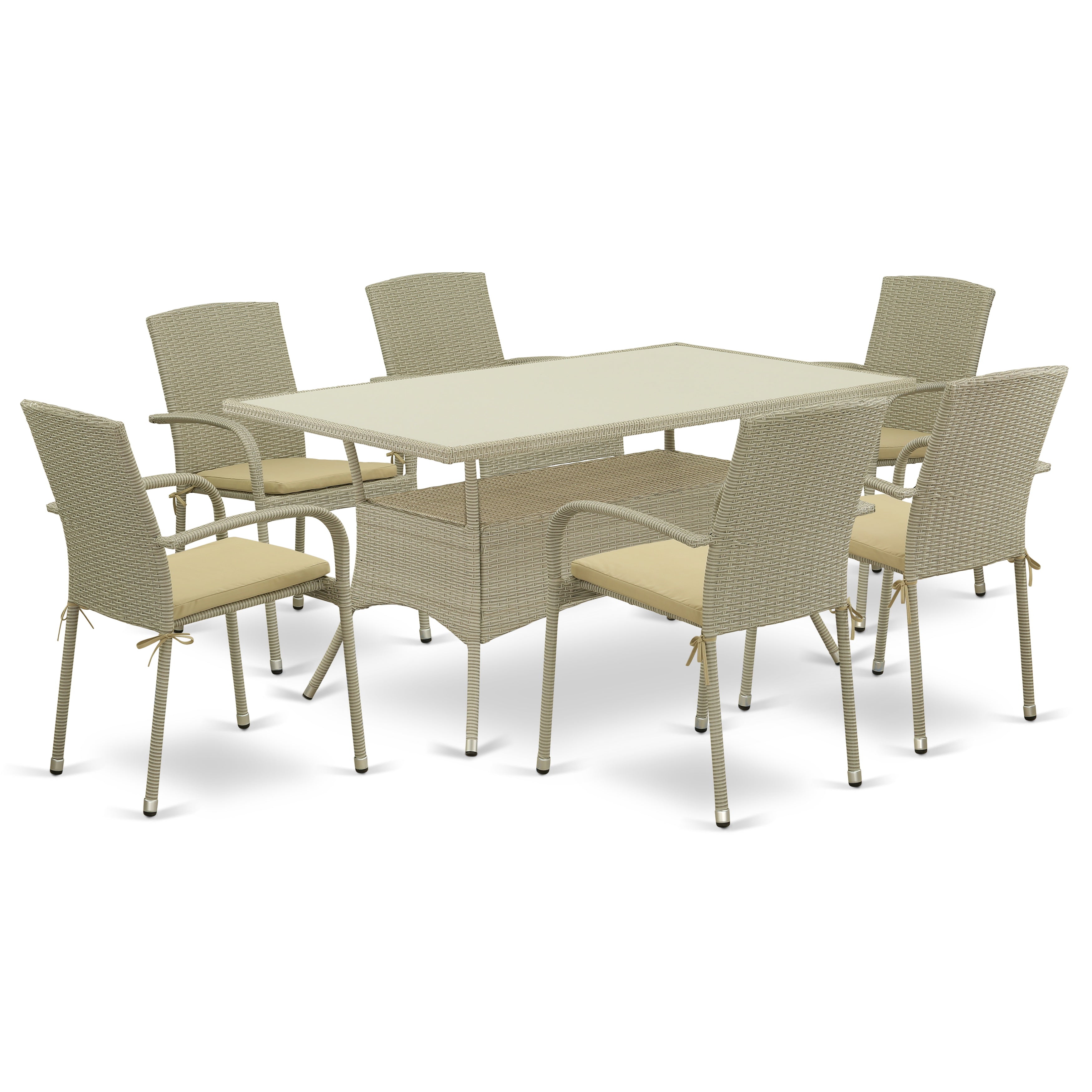 OSJU7-03A 7Pc Outdoor-Furniture Natural Color Wicker Dining Set Includes a Patio Table and 6 Balcony Backyard Armchair with Linen Fabric Cushion