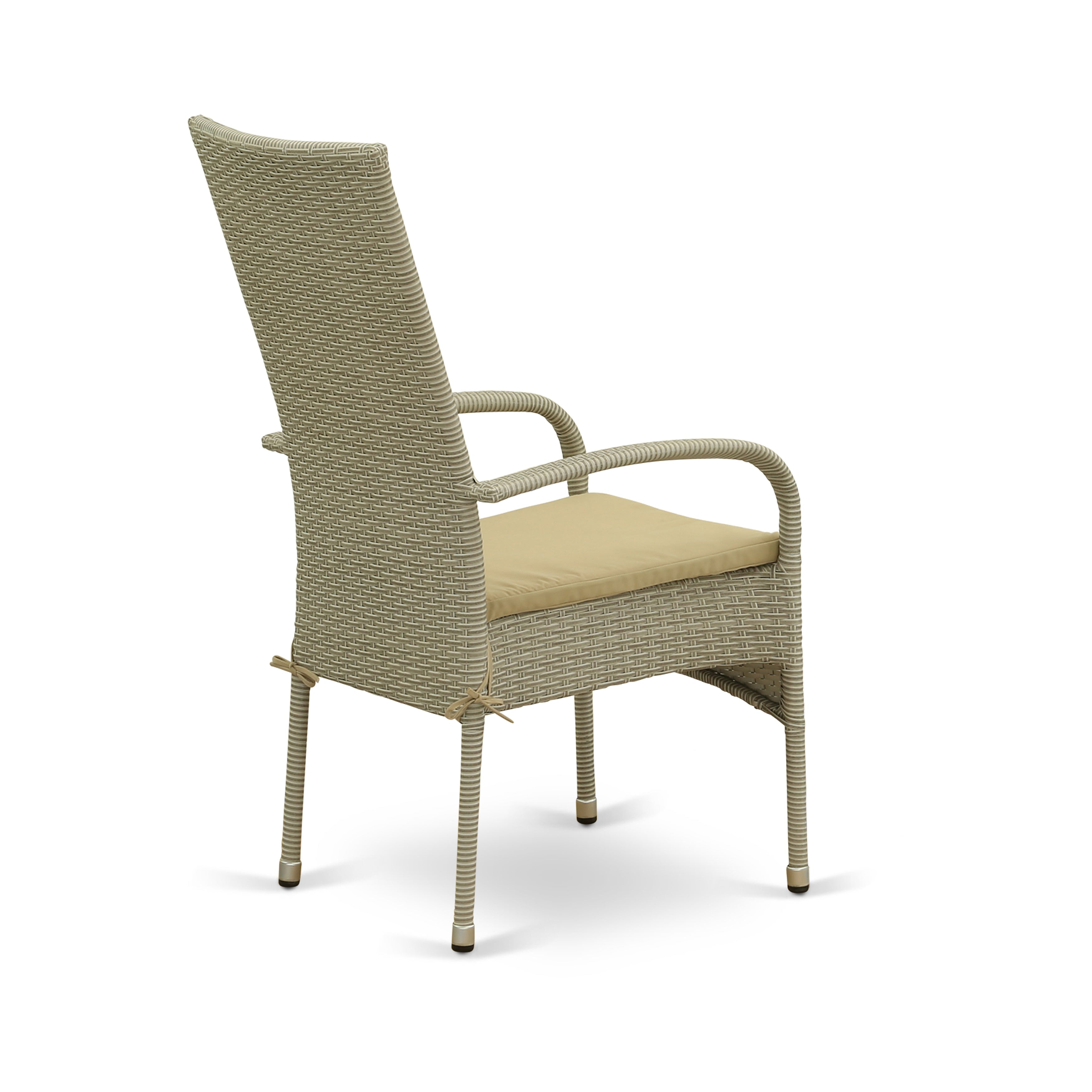 GUOS5-03A 5Pc Outdoor-Furniture Natural Color Wicker Dining Set Includes a Patio Table and 4 Balcony Backyard Armchair with Linen Fabric Cushion