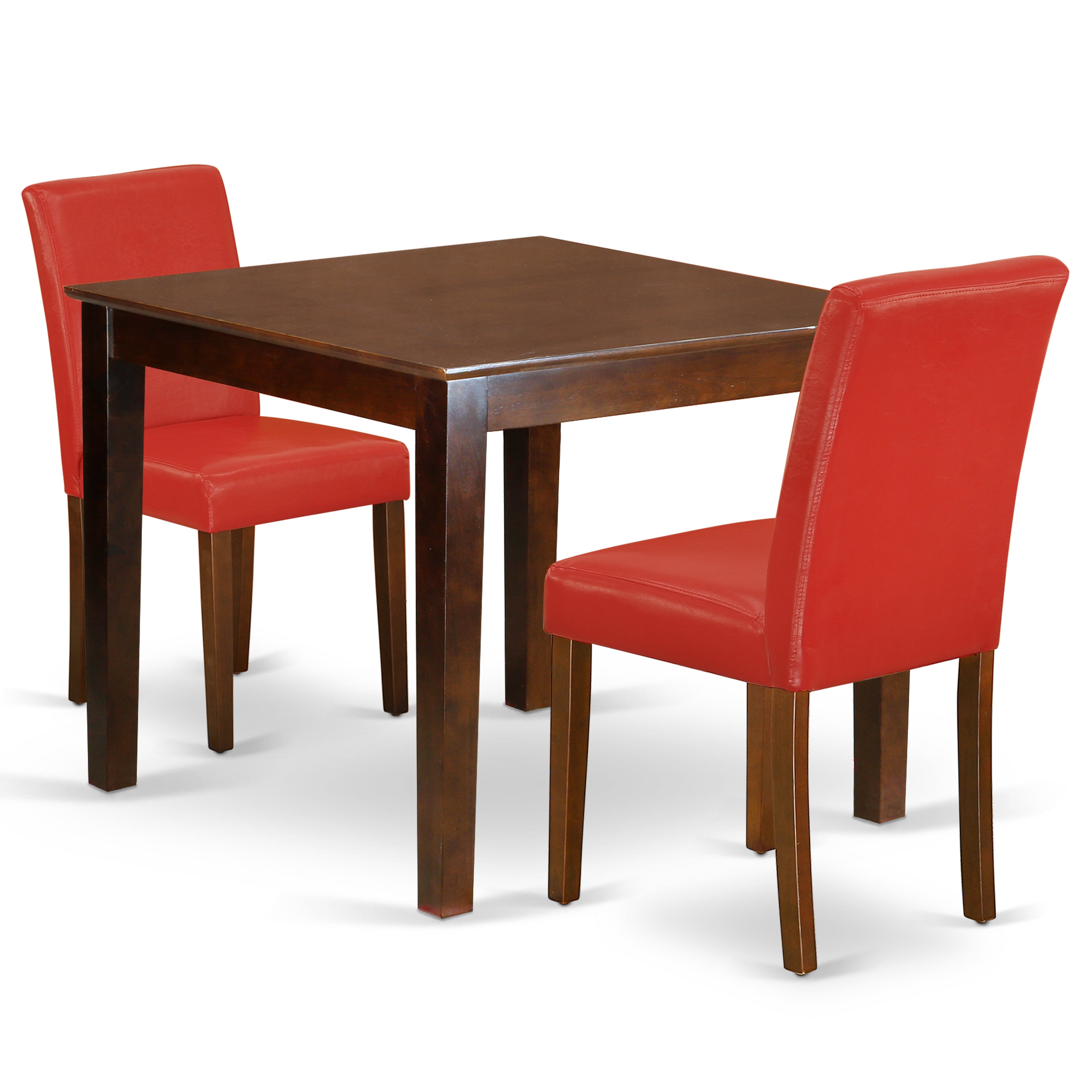 Juego de mesa de comedor de 3 piezas East West Furniture OXAB3-MAH-72 para espacios pequeños. Incluye una mesa de comedor cuadrada y dos sillas tapizadas en piel sintética color rojo ladrillo refractario.