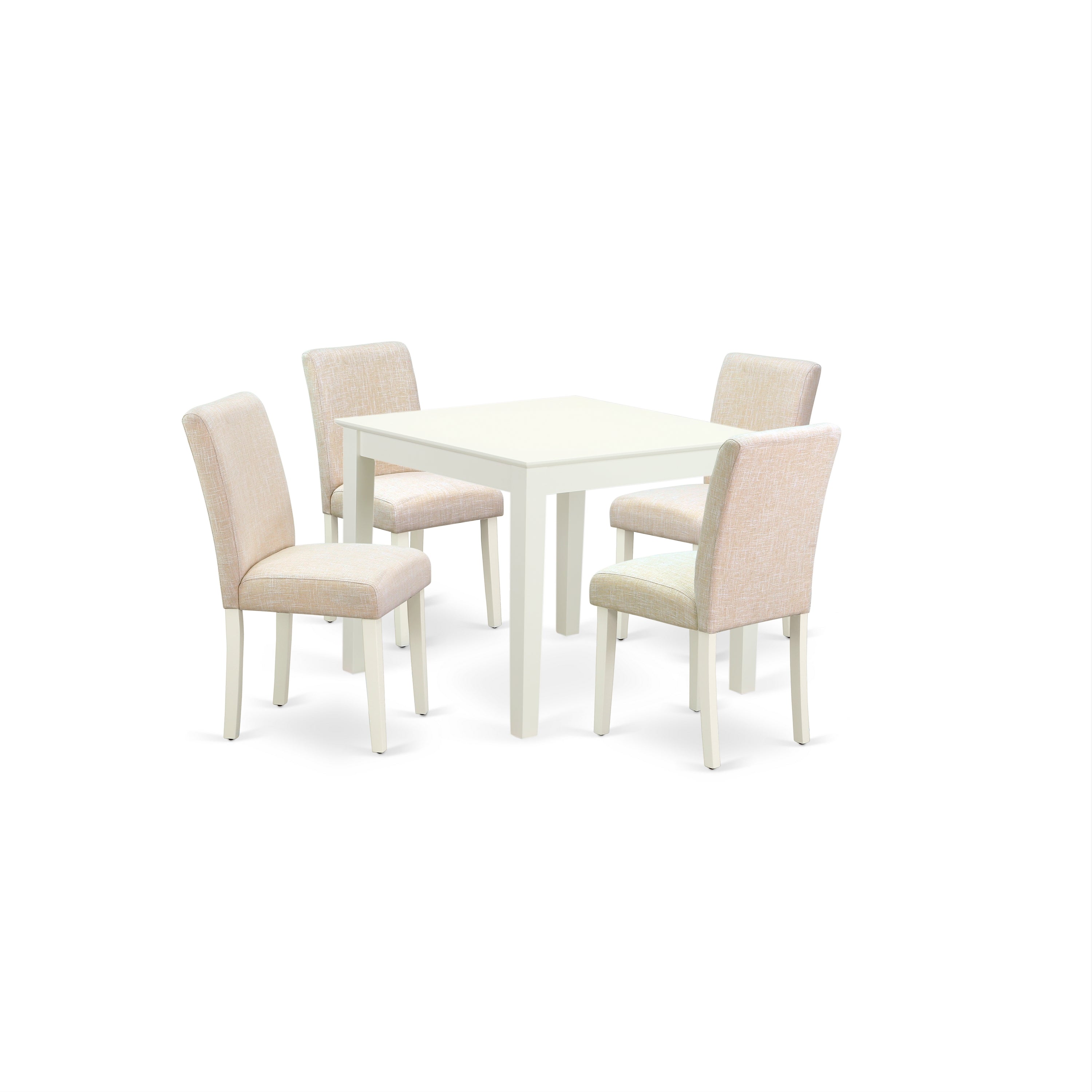 OXAB5-LWH-02 5Pc Square 36 Inch Table And Four Parson Chair With Linen White Leg And Linen Fabric Light Beige