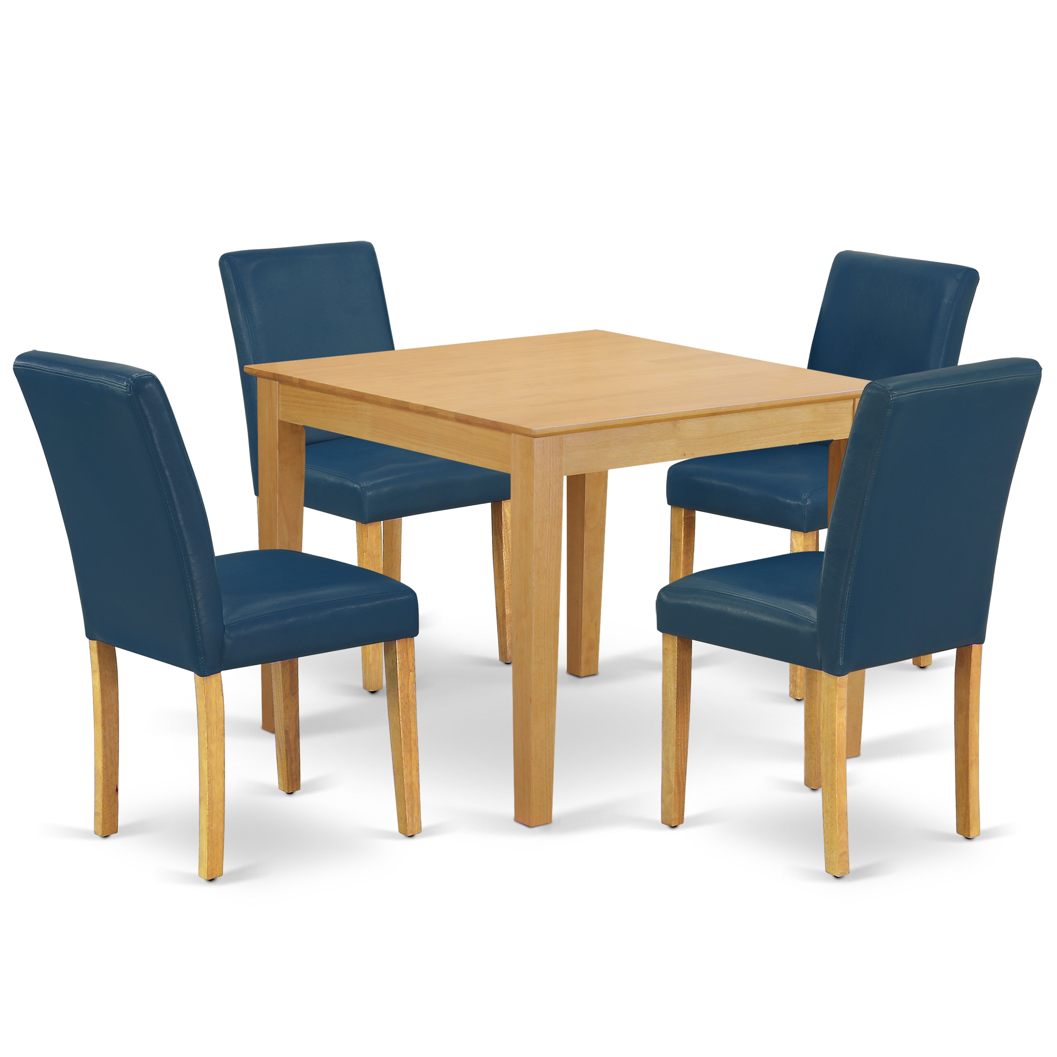 Juego de mesa de comedor moderna de 5 piezas East West Furniture OXAB5-OAK-55. Incluye una mesa cuadrada de madera y 4 sillas tapizadas de piel sintética azul oasis.