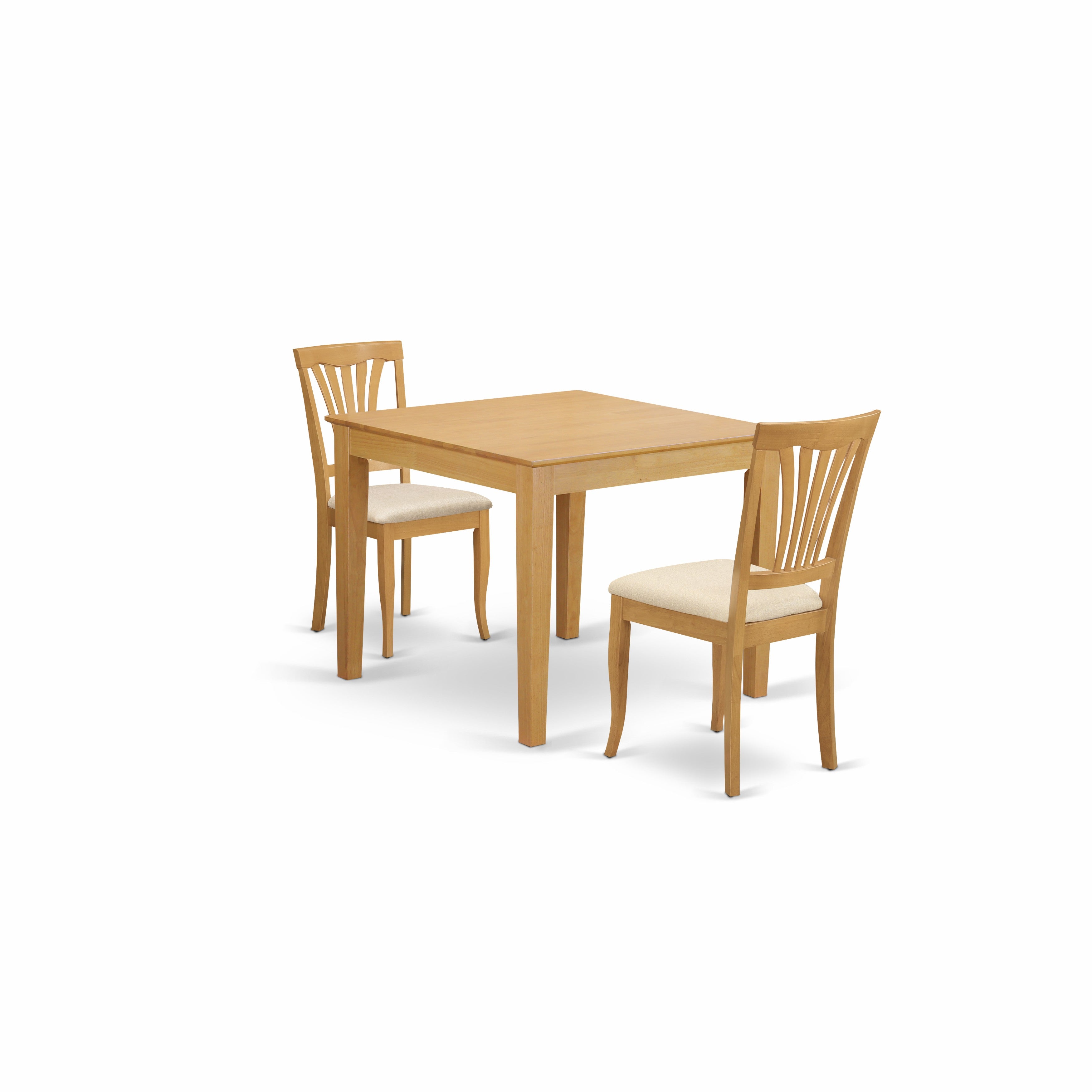 Juego de mesa y sillas de cocina de 3 piezas OXAV3-OAK-C de East West Furniture. Contiene una mesa de comedor cuadrada y 2 sillas de comedor de tela de lino.