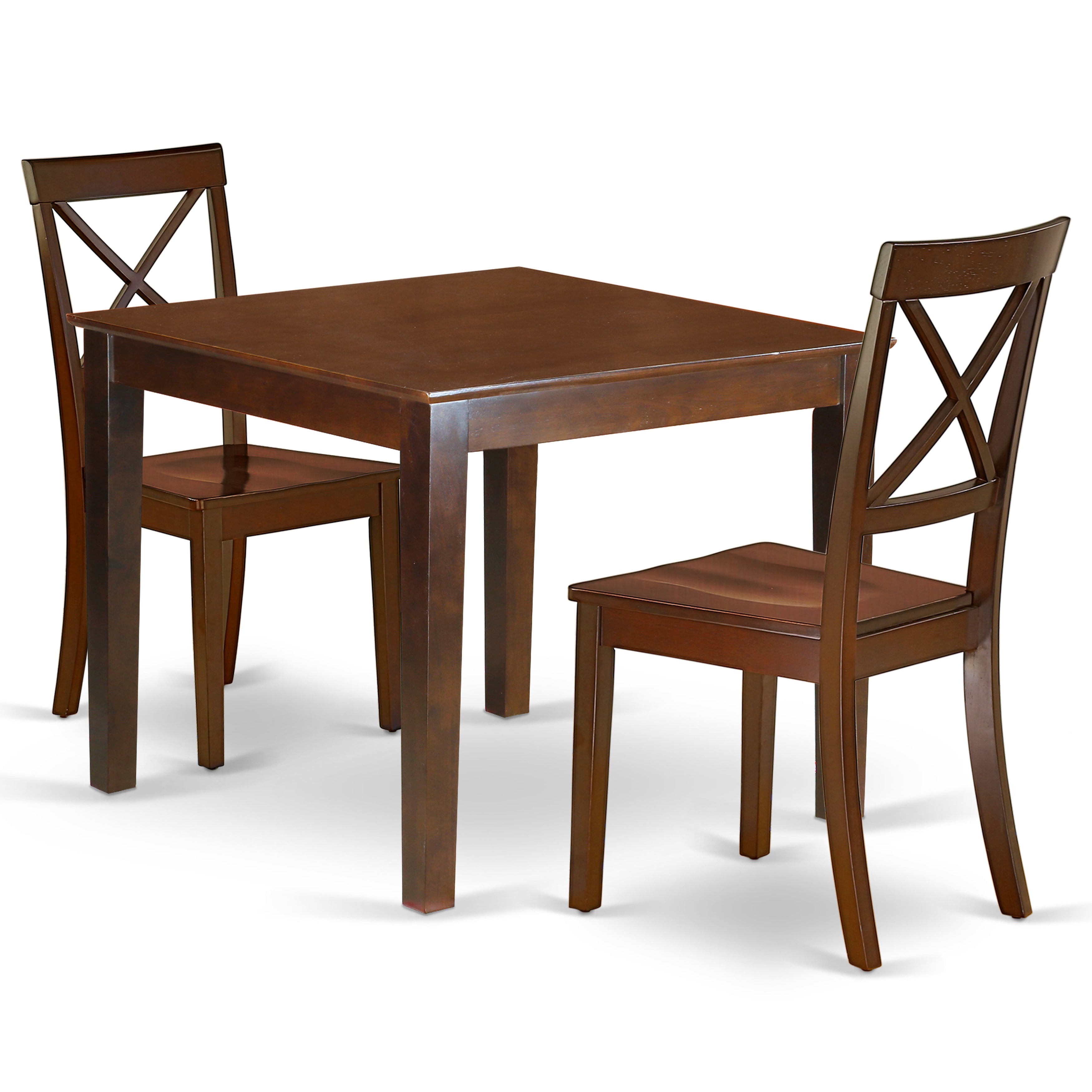 Juego de mesa de comedor de 3 piezas OXBO3-MAH-W de East West Furniture. Contiene una mesa de cocina cuadrada y 2 sillas de comedor.