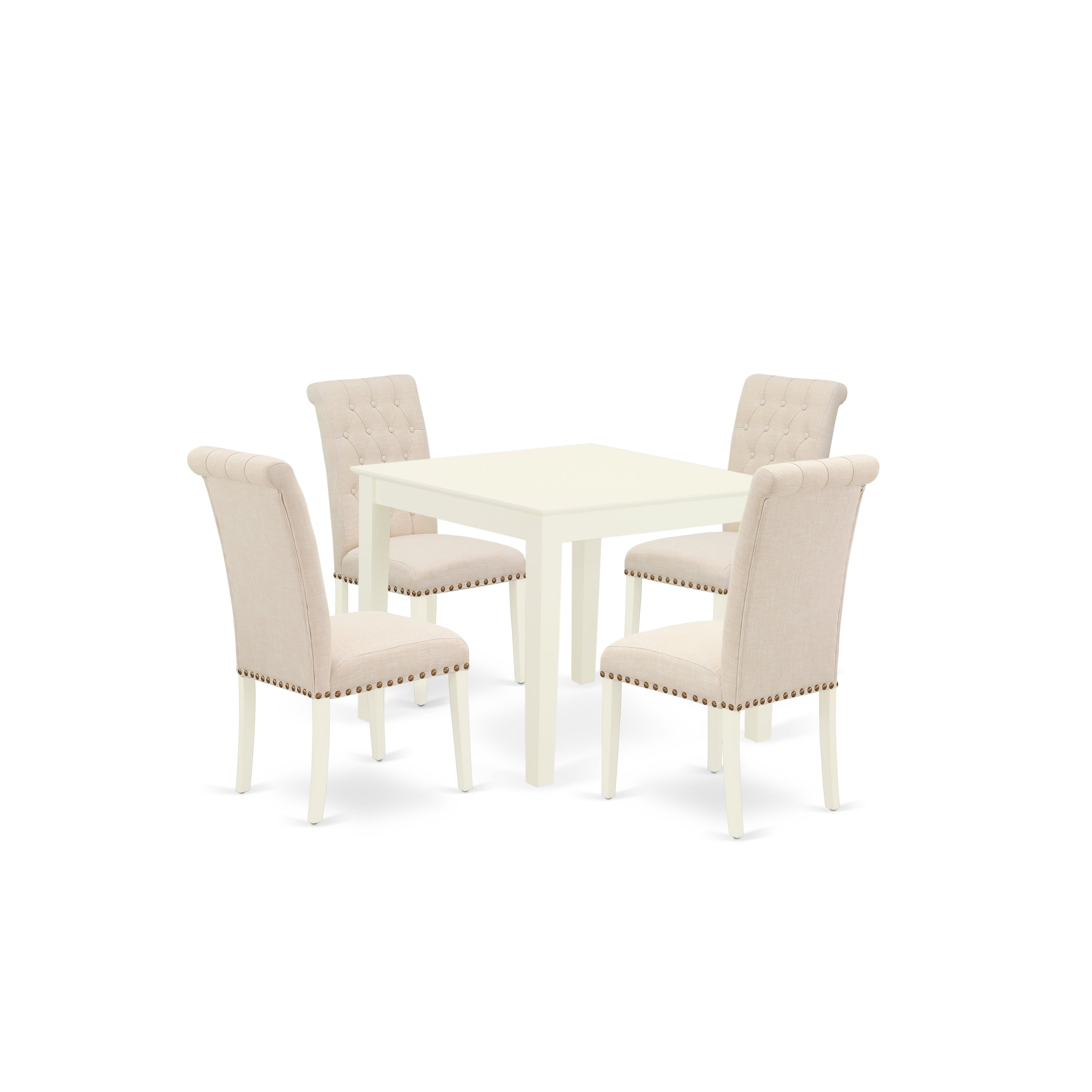 OXBR5-LWH-02 5Pc Dining Set Includes a Square Dinette Table and Four Parson Chairs with Light Beige Fabric, Linen White Finish