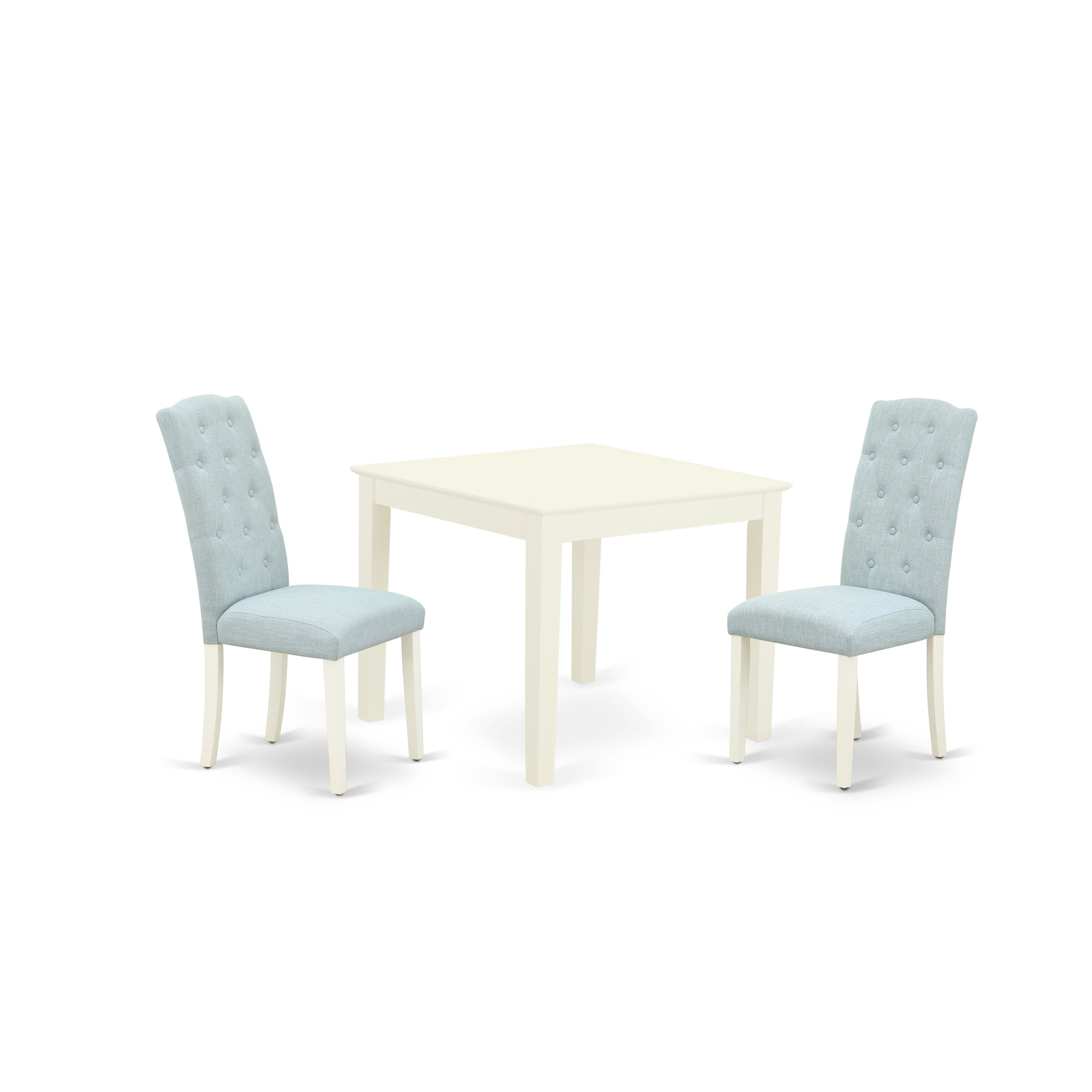 OXCE3-LWH-15 3Pc Dinette Set Includes a Square Kitchen Table and Two Parson Chairs with Baby Blue Fabric, Linen White Finish