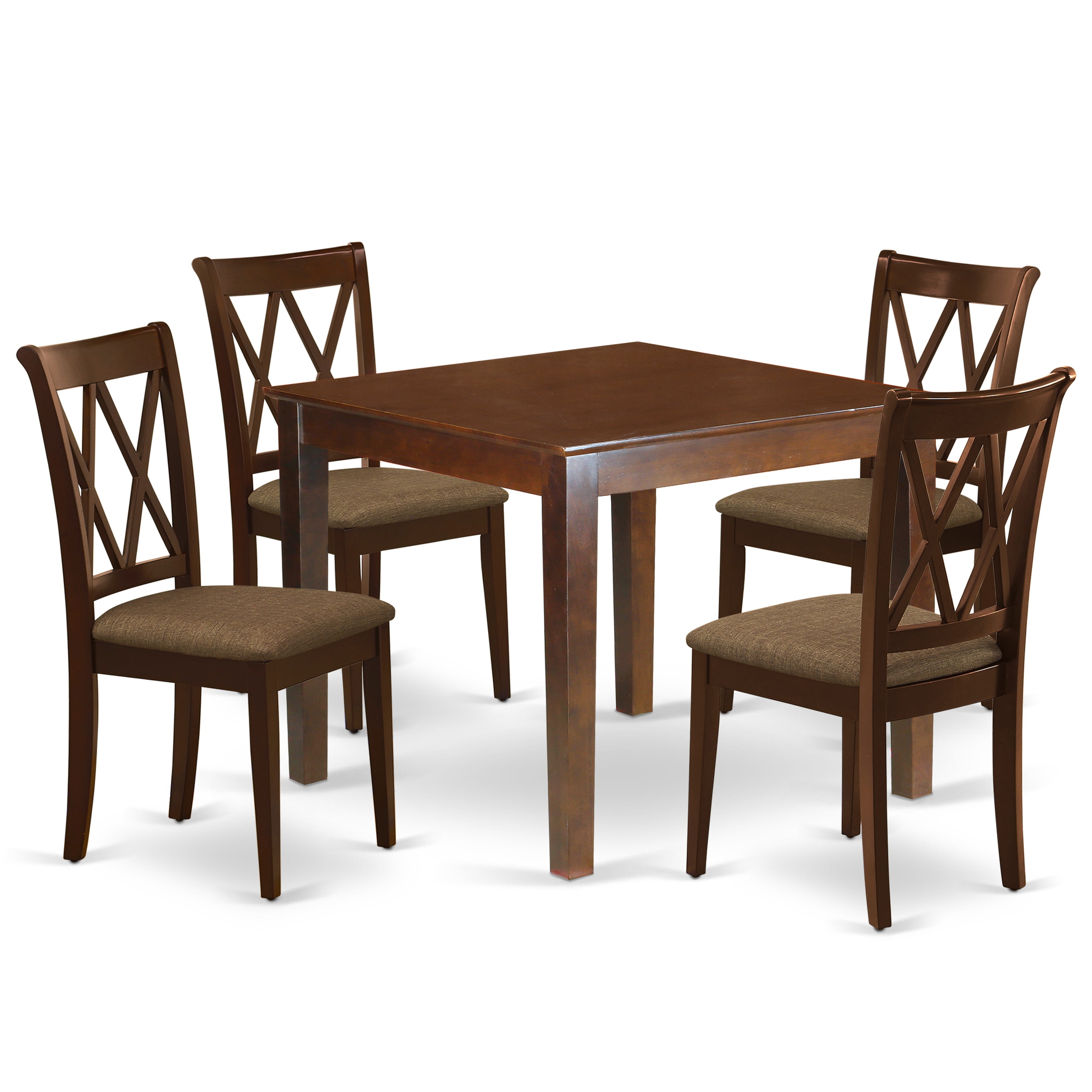 Juego de mesa de comedor de 5 piezas para 4 personas East West Furniture OXCL5-MAH-C. Incluye una mesa de cocina cuadrada y 4 sillas de comedor de tela de lino.