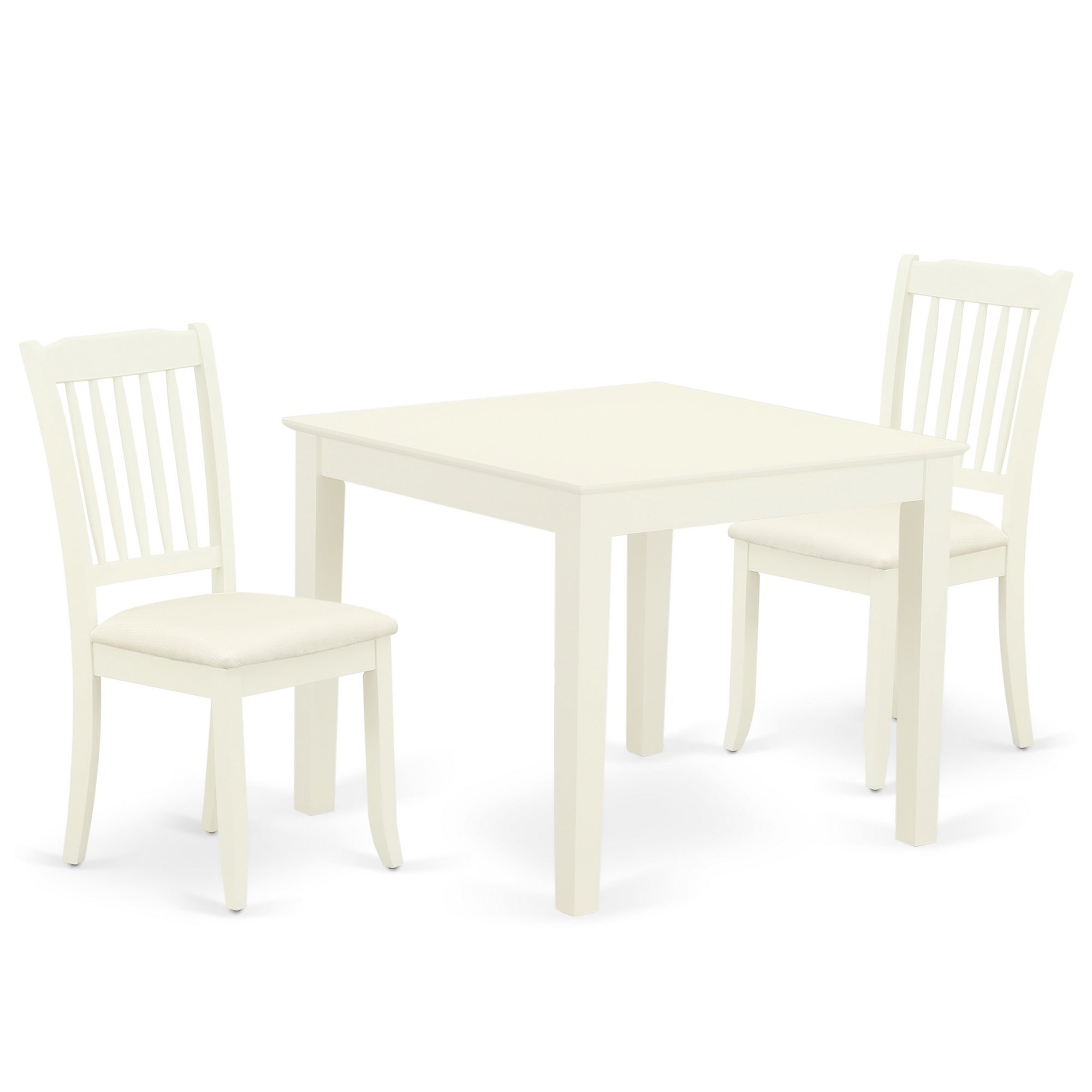 Juego de mesa de comedor de 3 piezas East West Furniture OXDA3-LWH-C para espacios pequeños. Contiene una mesa de comedor cuadrada y dos sillas tapizadas en tela de lino.