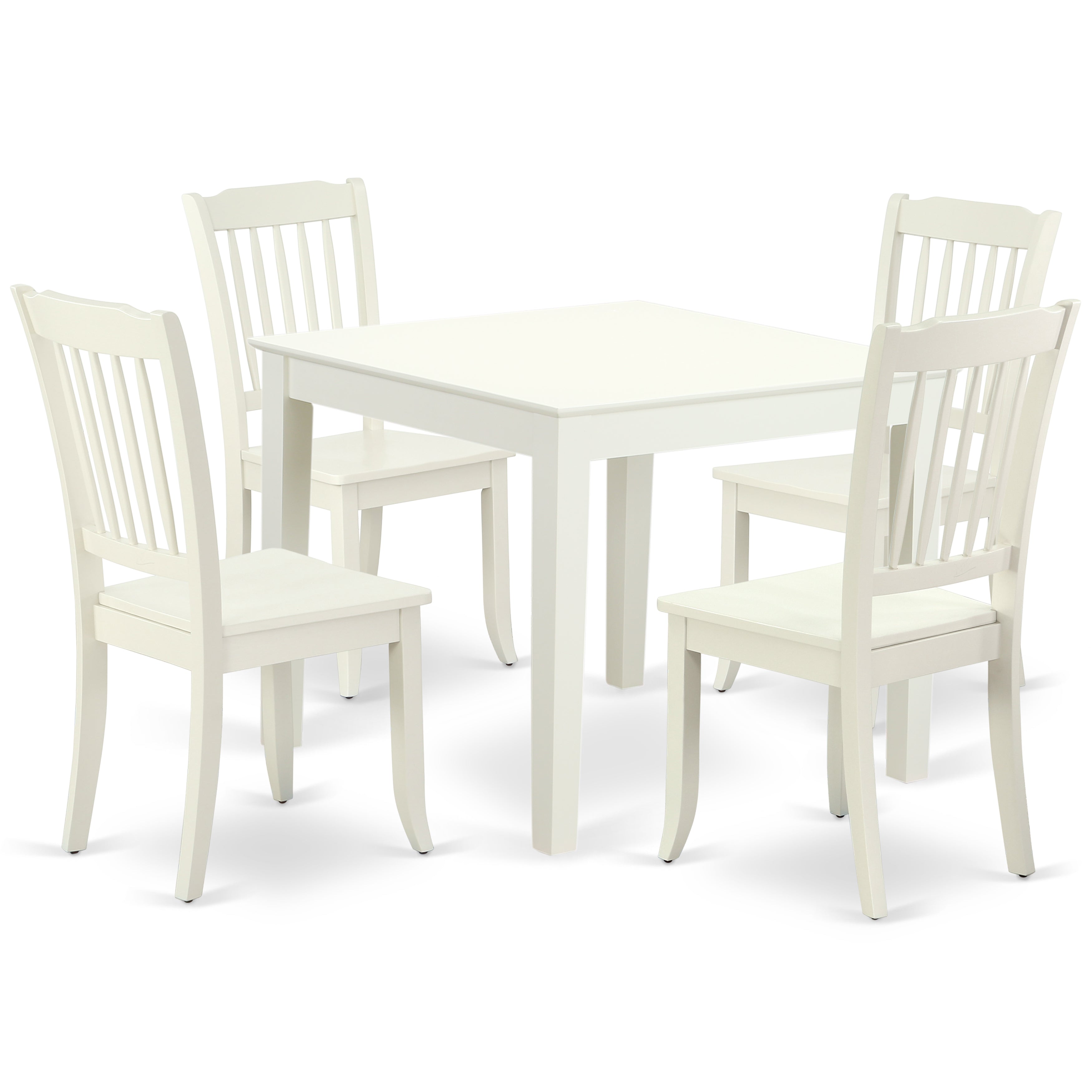 Juego de comedor de 5 piezas East West Furniture OXDA5-LWH-W para 4 personas. Incluye una mesa de comedor cuadrada y 4 sillas de comedor.