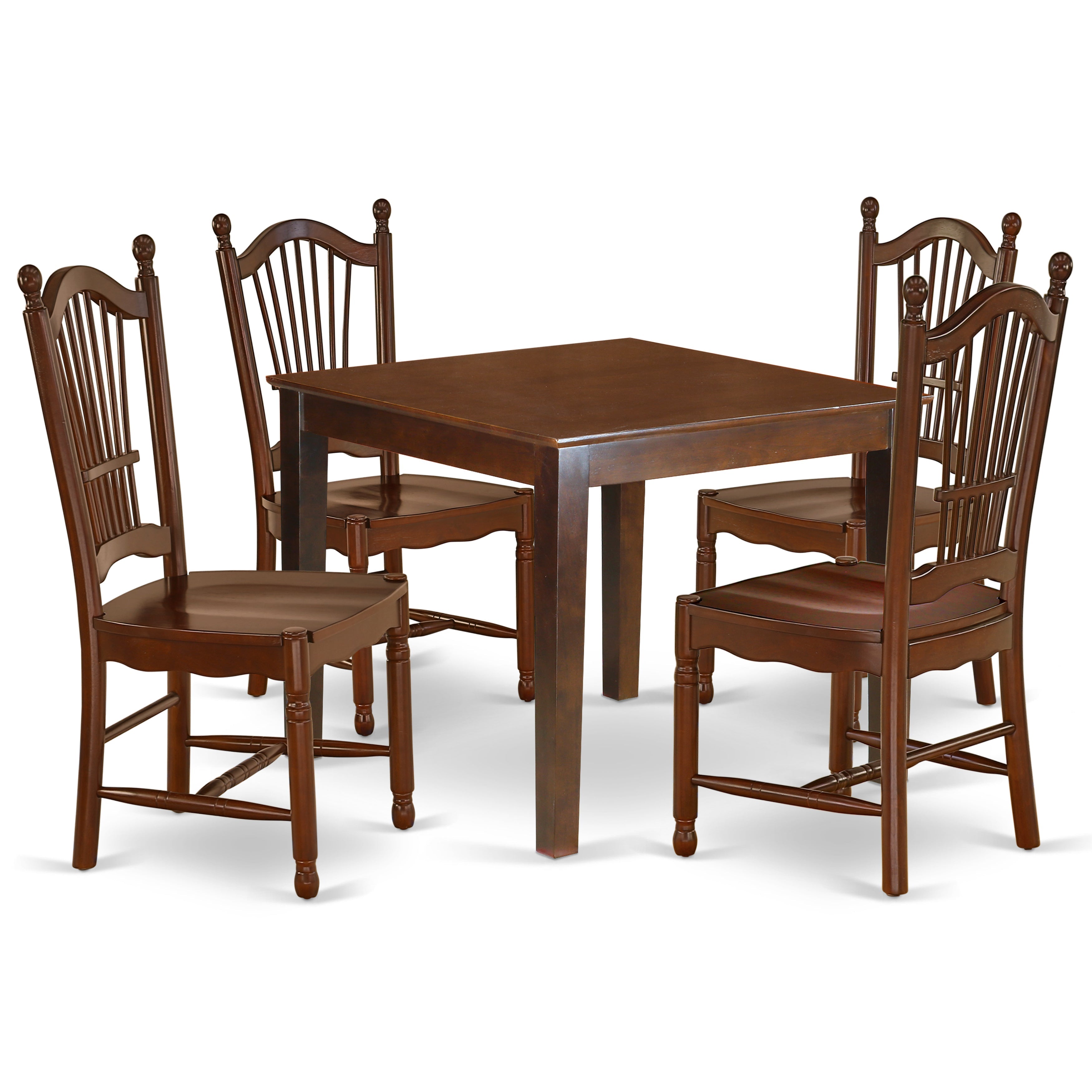 Juego de mesa de comedor moderna de 5 piezas East West Furniture OXDO5-MAH-W. Incluye una mesa cuadrada de madera y 4 sillas de comedor.