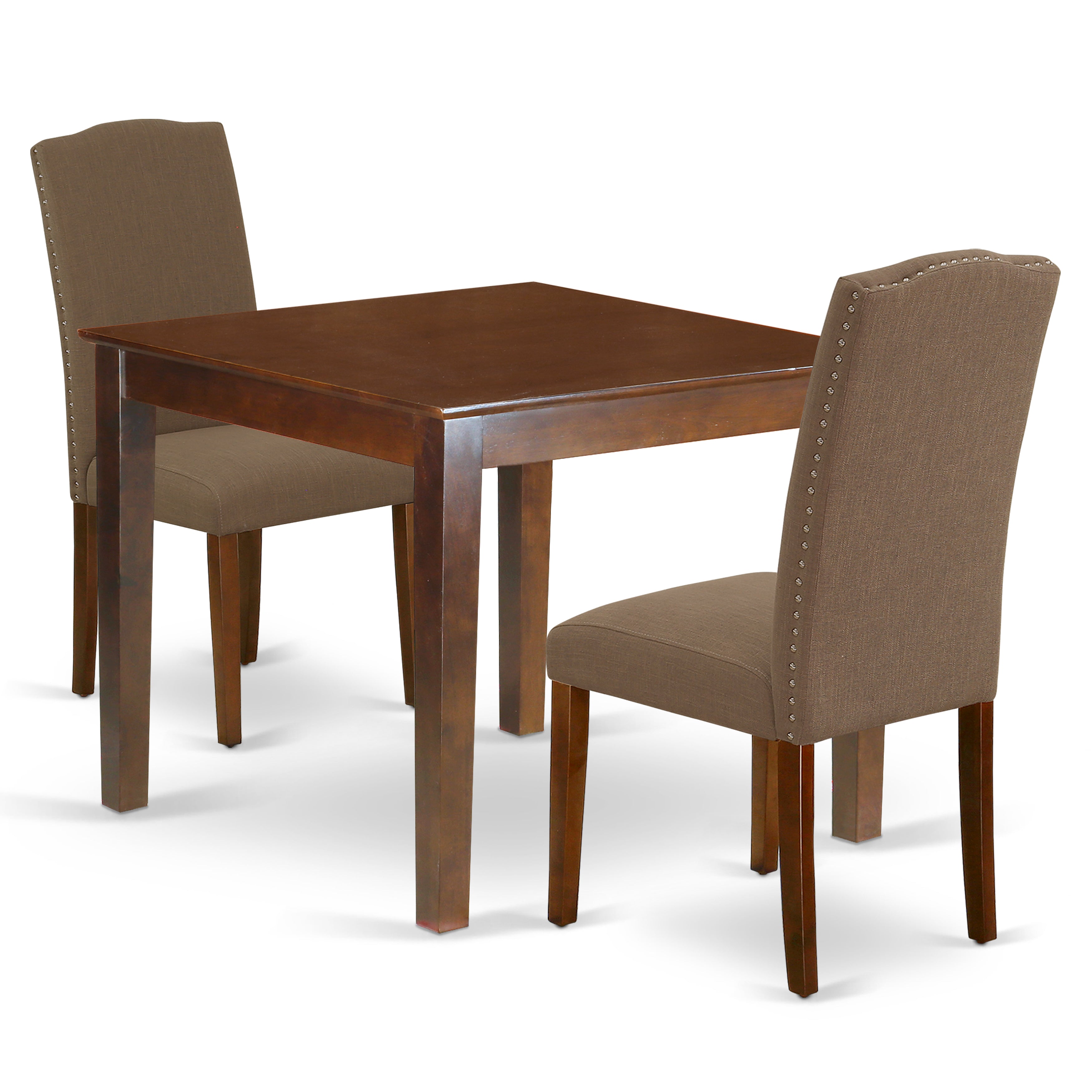 Juego de mesa de comedor de 3 piezas OXEN3-MAH-18 de East West Furniture. Contiene una mesa cuadrada de madera y dos sillas Parson tapizadas en tela de lino color café oscuro.