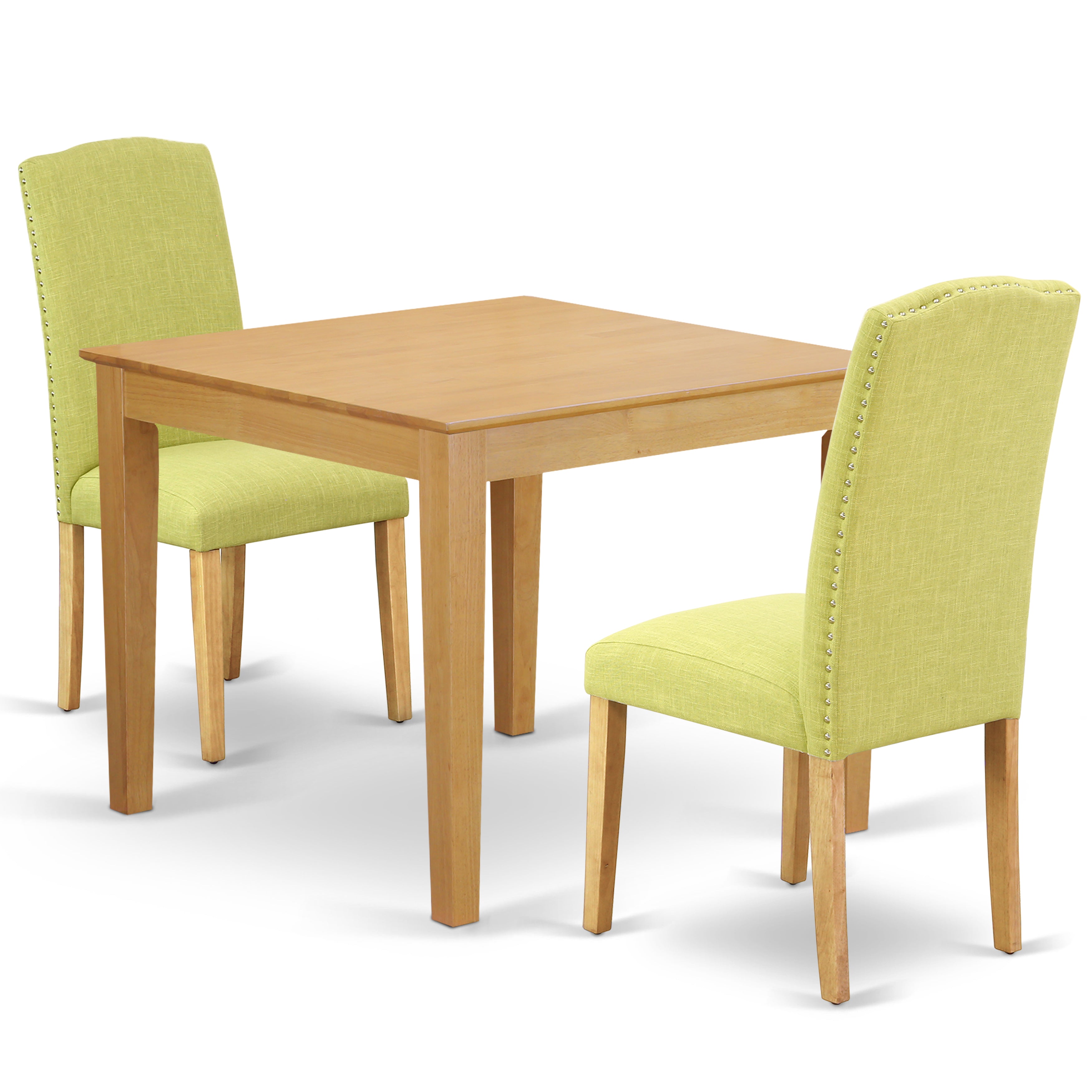 Juego de mesa de comedor de 3 piezas OXEN3-OAK-07 de East West Furniture para espacios pequeños. Contiene una mesa de comedor cuadrada y dos sillas Parsons de tela de lino Limelight.