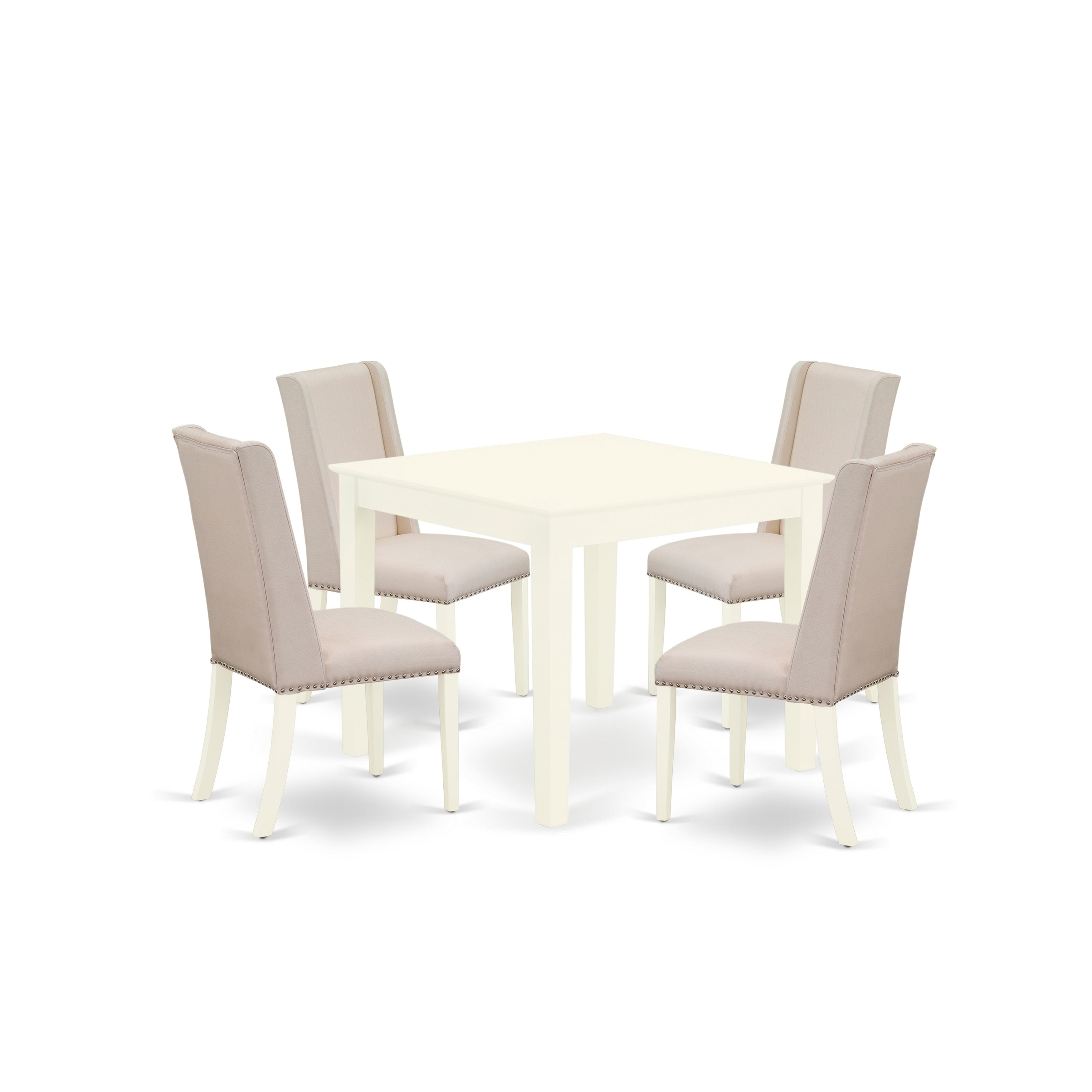 East West Furniture OXFL5-LWH-01 5-Piece dinette set- 4 parson chairs and A dining table solid wood structure - High back & Linen White Finish