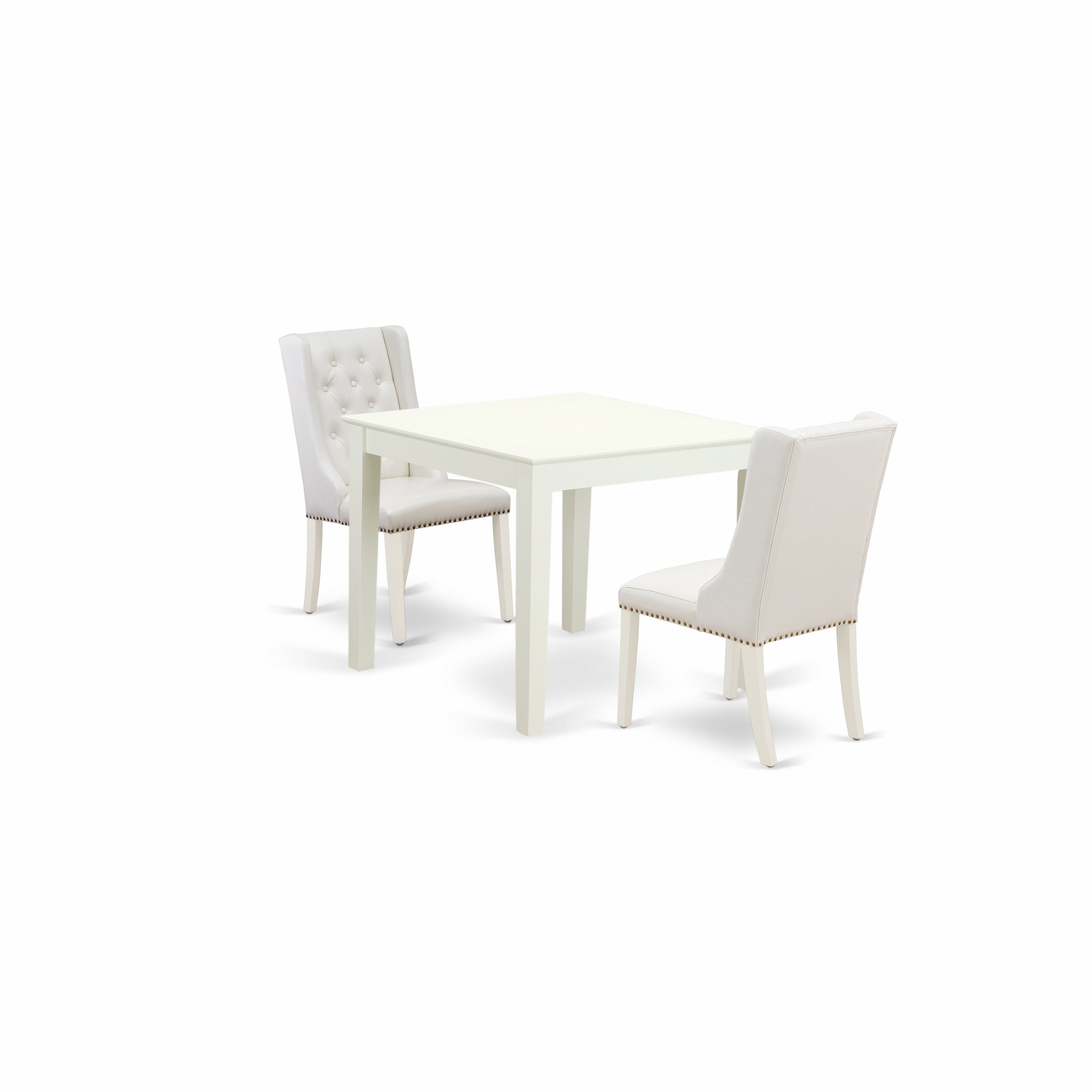 Juego de muebles de comedor de 3 piezas East West Furniture OXFO3-LWH-44 que incluye una mesa de comedor cuadrada y dos sillas Parsons de cuero sintético gris claro.