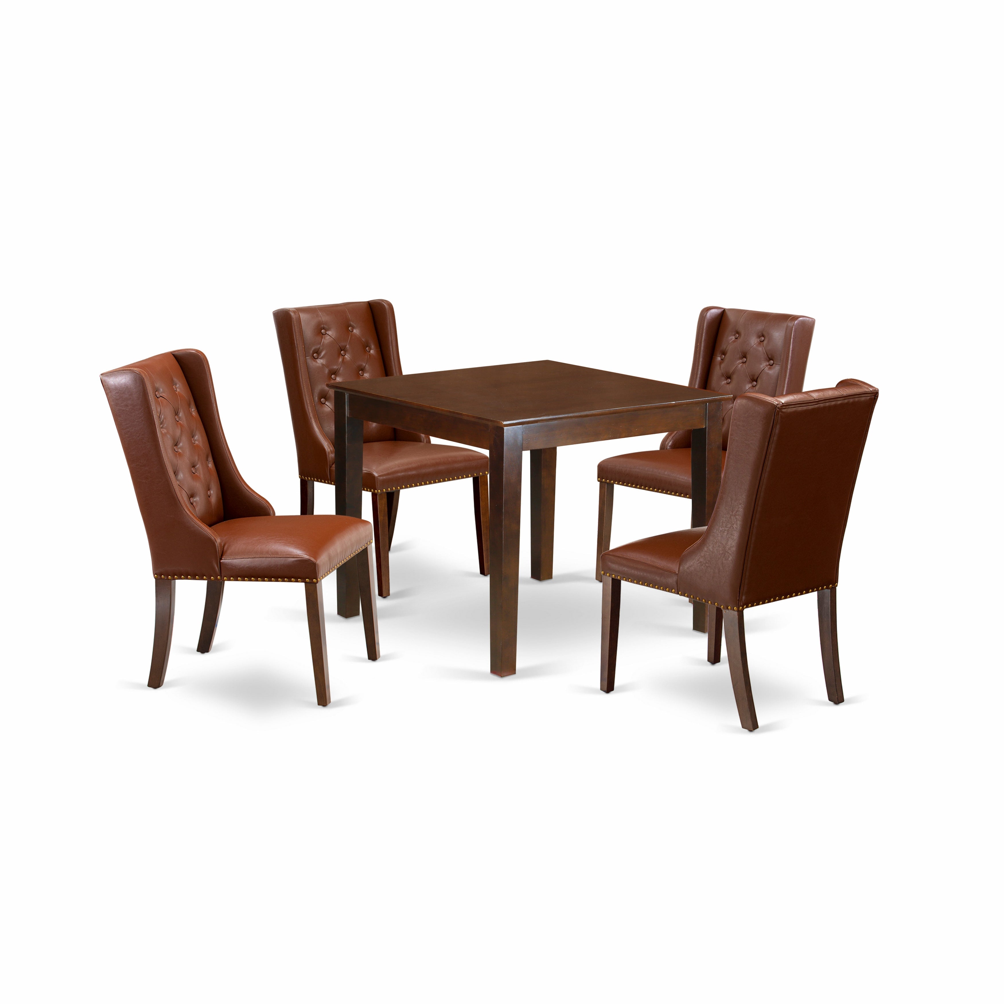 Juego de comedor de 5 piezas para 4 personas East West Furniture OXFO5-MAH-46. Incluye una mesa de comedor cuadrada y 4 sillas de comedor Parsons de cuero sintético marrón.