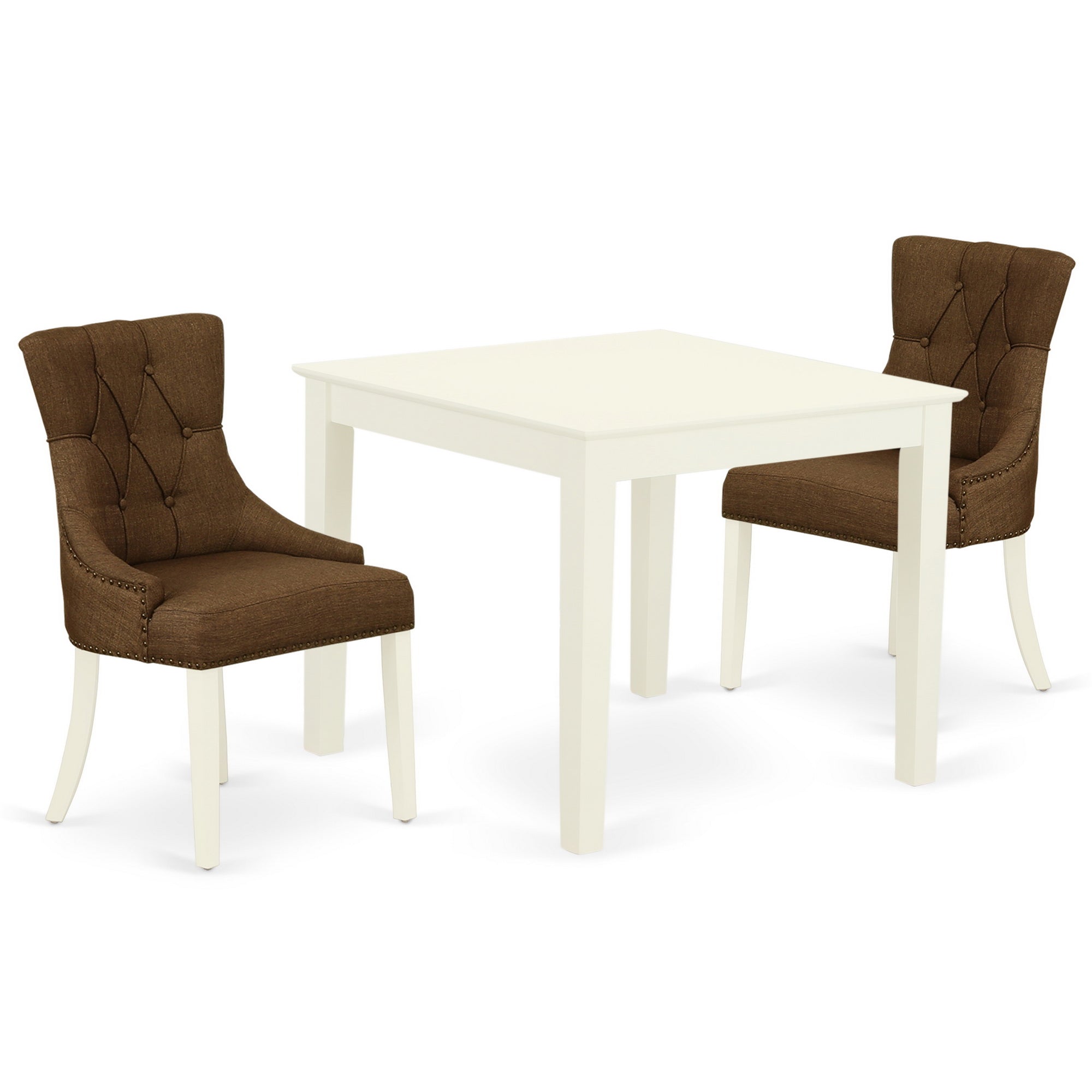 Juego de comedor de 3 piezas East West Furniture OXFR3-LWH-18 para espacios pequeños. Contiene una mesa de comedor cuadrada y dos sillas Parson tapizadas en tela de lino marrón.