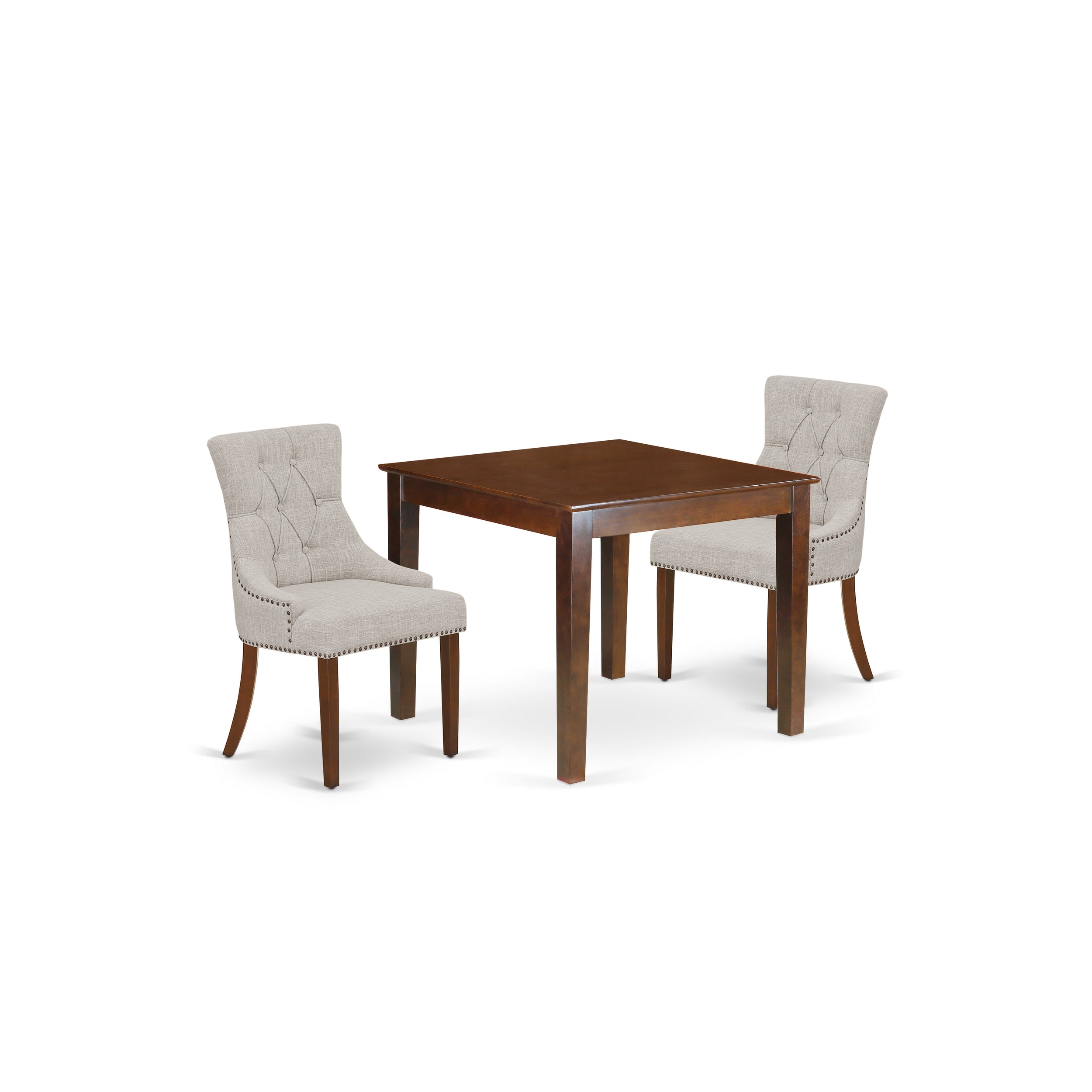 OXFR3-MAH-05 3Pc Dinette Set Includes a Square Kitchen Table and Two Parson Chairs with Doeskin Fabric, Mahogany Finish