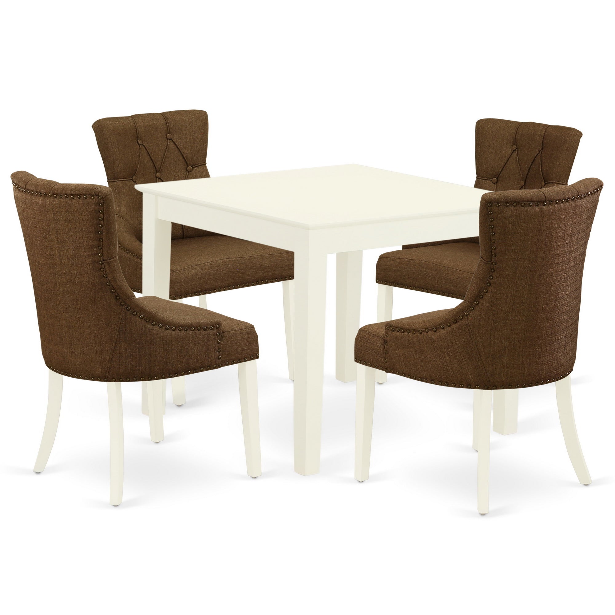 OXFR5-LWH-18 5Pc Dining Set Includes a Square Dinette Table and Four Parson Chairs with Dark Coffee Fabric, Linen White Finish
