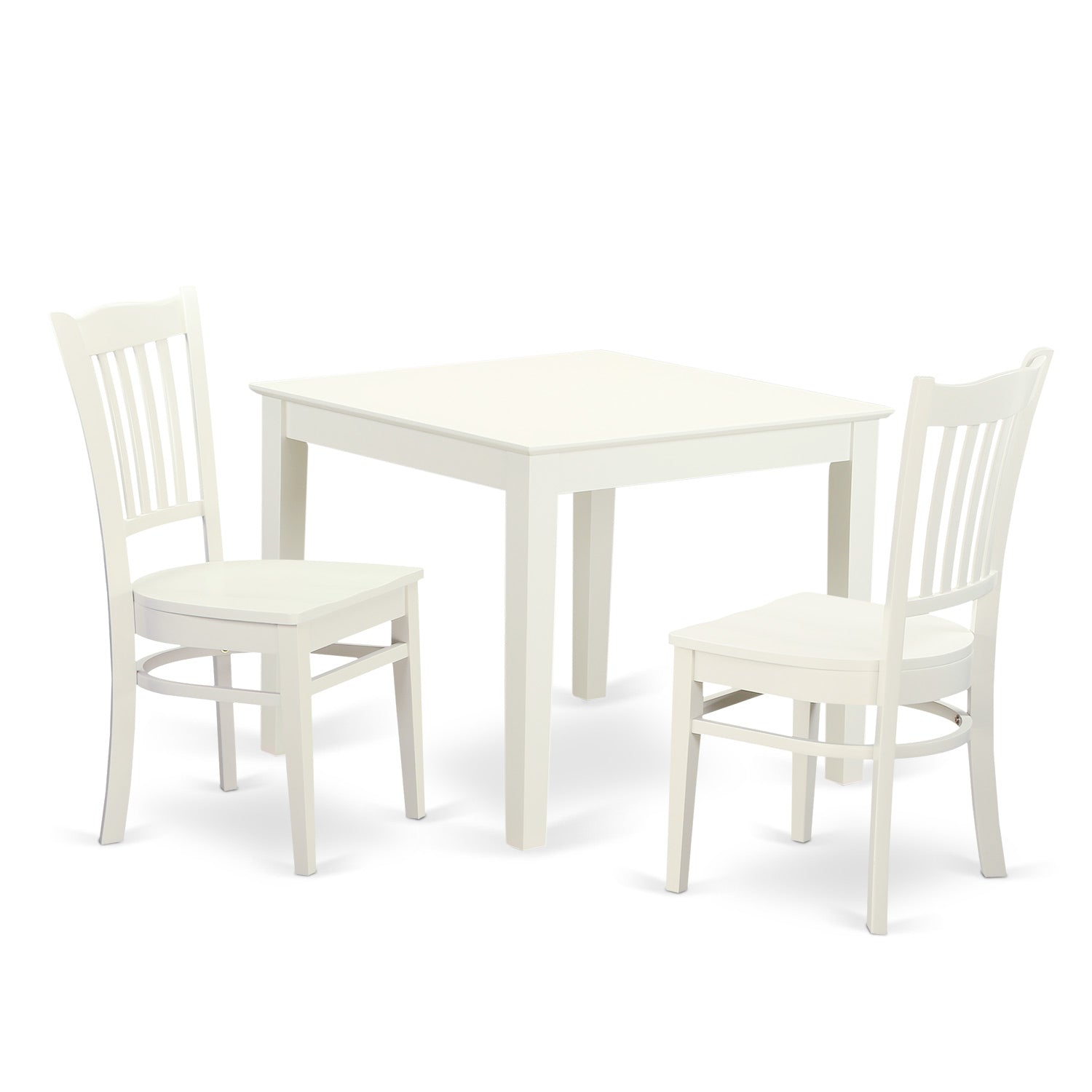 Juego de mesa de comedor moderna de 3 piezas OXGR3-LWH-W de East West Furniture. Contiene una mesa cuadrada de madera y 2 sillas de comedor.