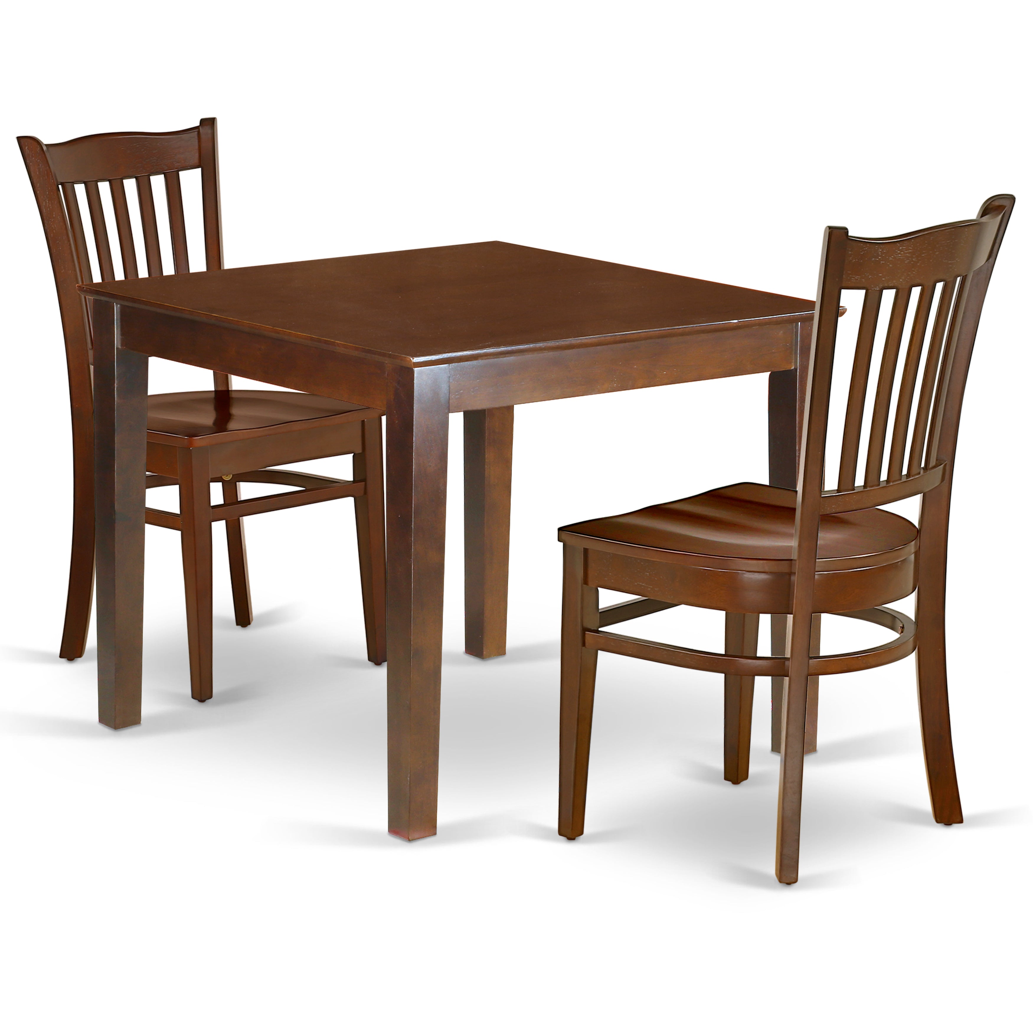 Juego de mesa de comedor de 3 piezas East West Furniture OXGR3-MAH-W para espacios pequeños. Contiene una mesa de comedor cuadrada y dos sillas con asiento de madera.