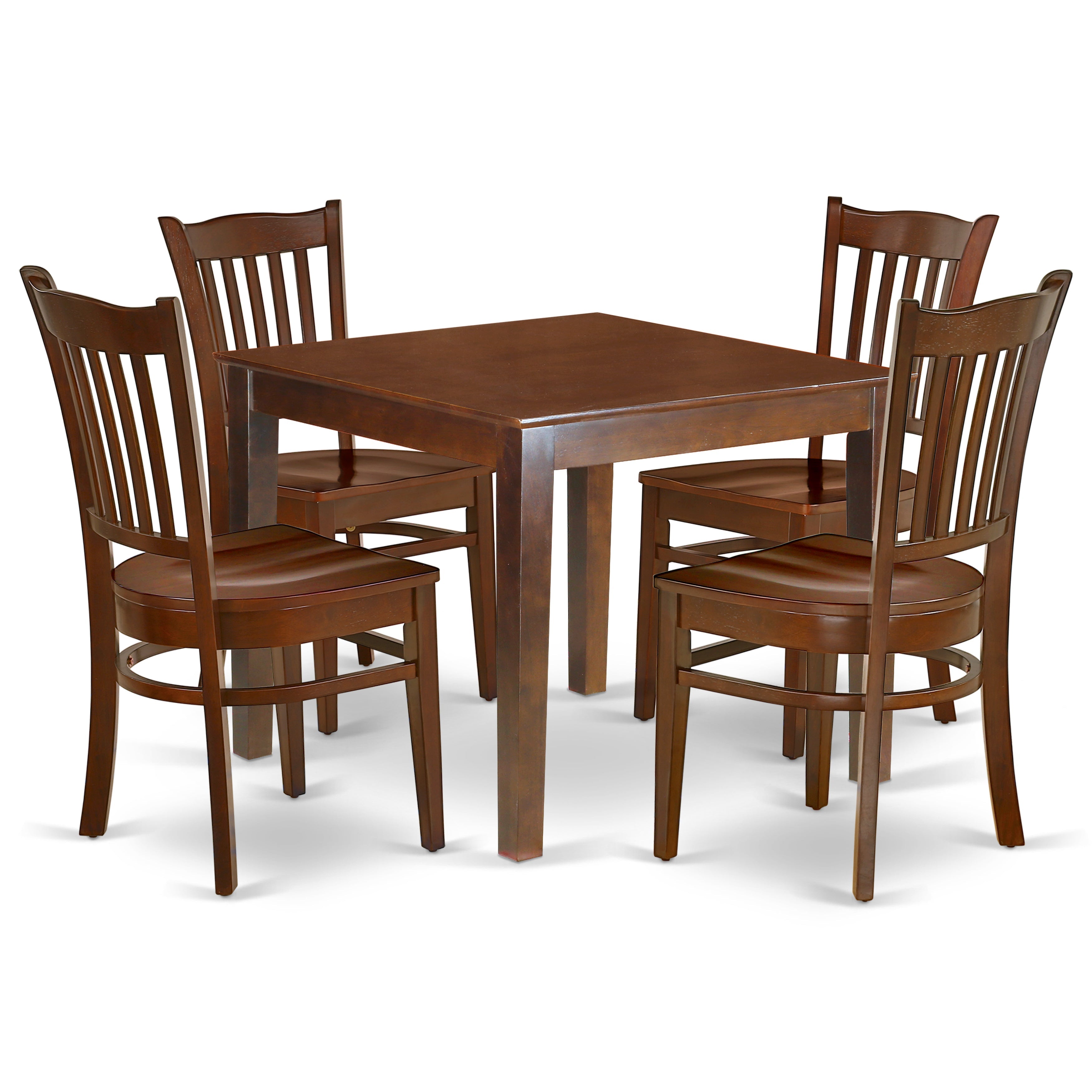 Juego de mesa de cocina de 5 piezas East West Furniture OXGR5-MAH-W para 4 personas. Incluye una mesa de comedor cuadrada y 4 sillas con asiento de madera maciza.