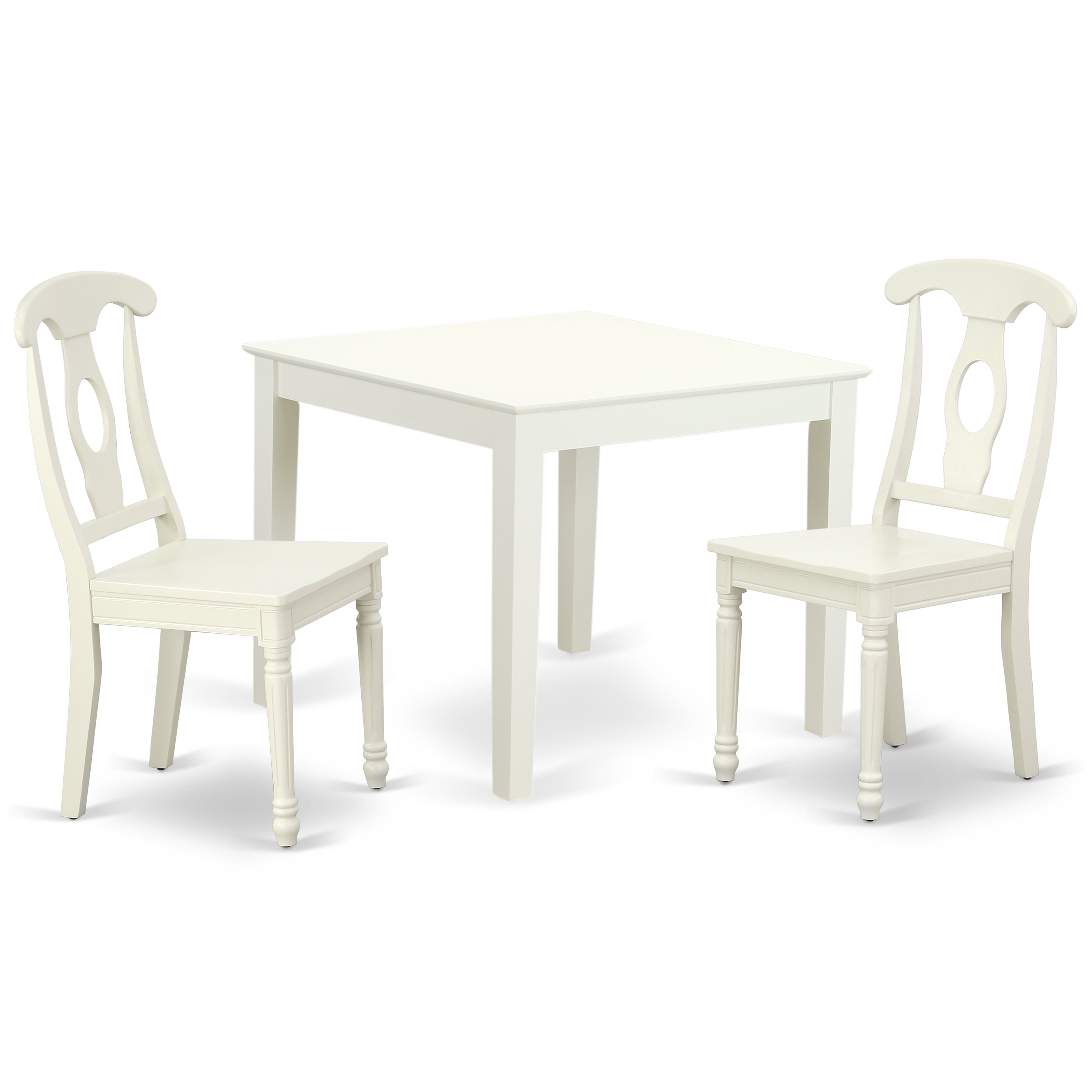 Juego de mesa de comedor moderna de 3 piezas East West Furniture OXKE3-LWH-W. Contiene una mesa cuadrada de madera y 2 sillas de comedor.