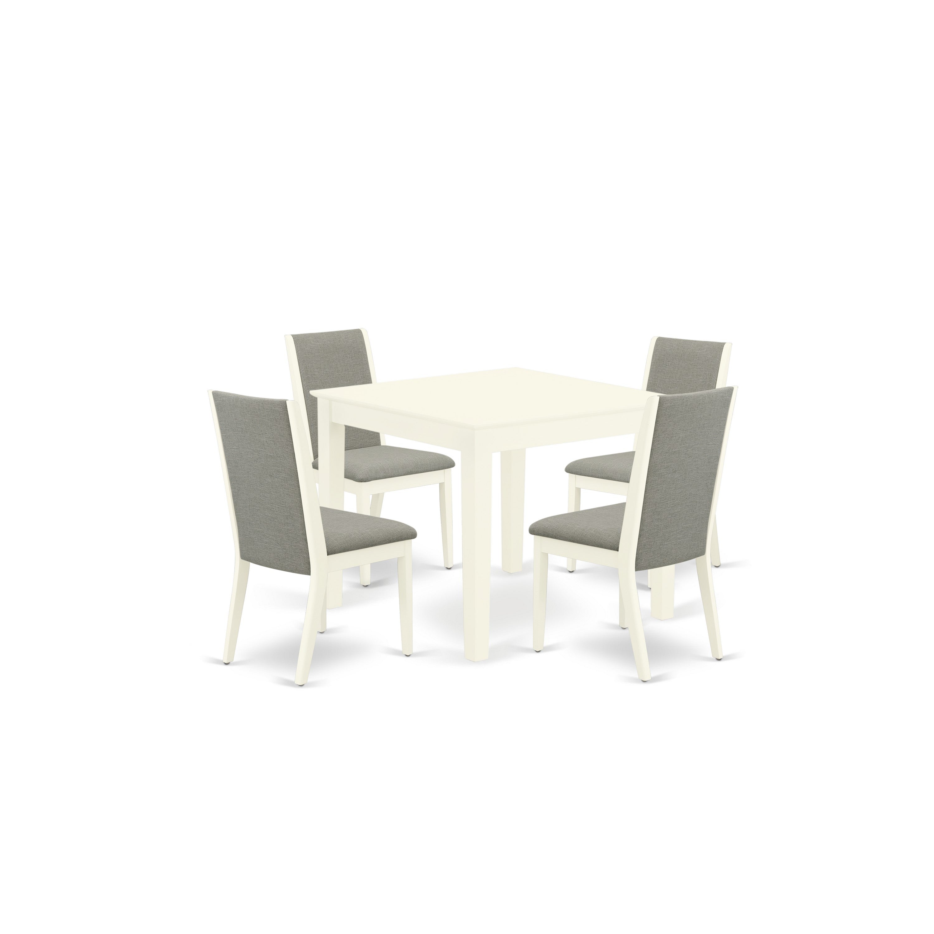 East West Furniture OXLA5-LWH-06 5-Piece dining room set- 4 parson chairs and Rectangle wood table solid wood frame -High back & Linen White Finish