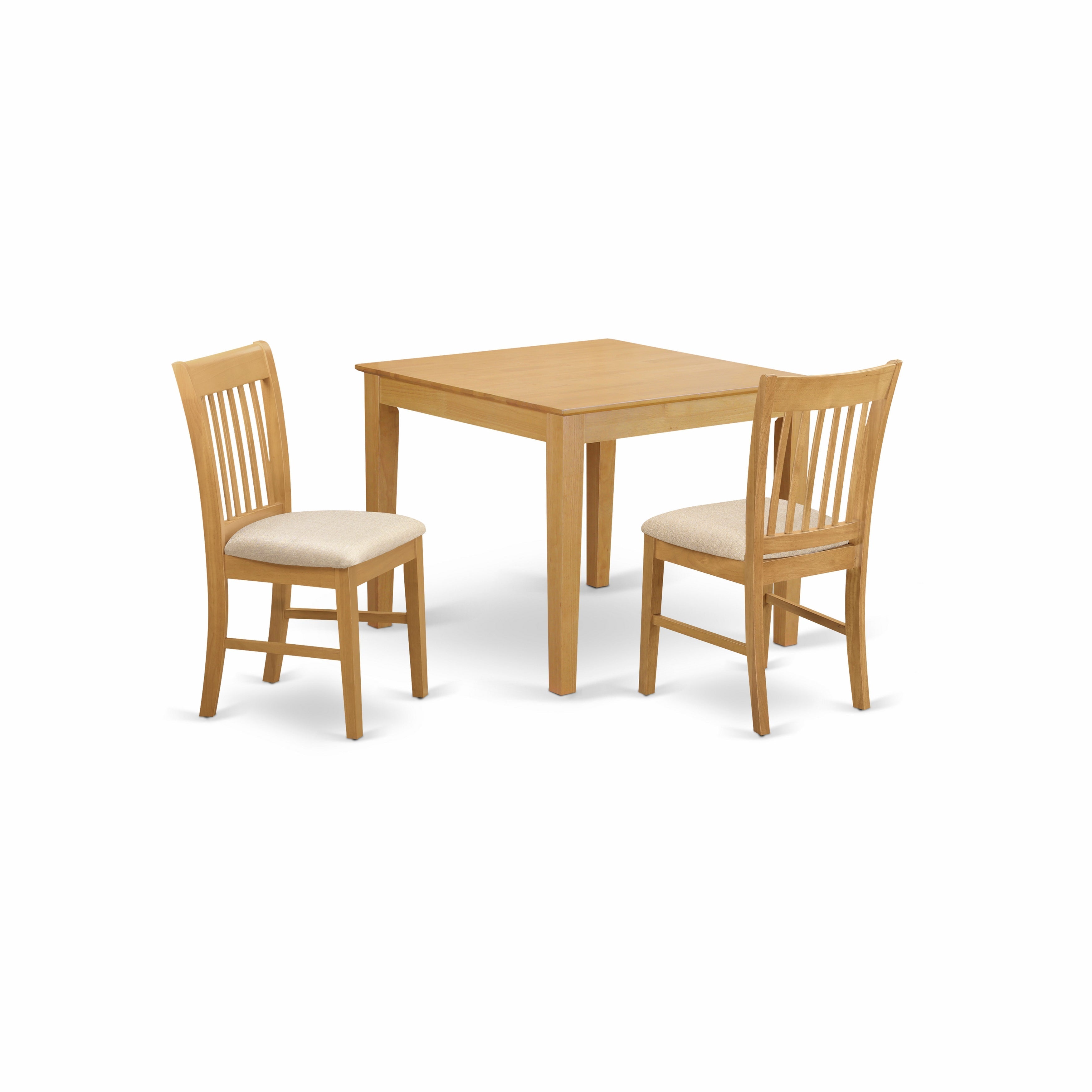 Juego de mesa y sillas de cocina de 3 piezas OXNO3-OAK-C de East West Furniture. Incluye una mesa de comedor cuadrada y 2 sillas de comedor tapizadas en tela de lino.