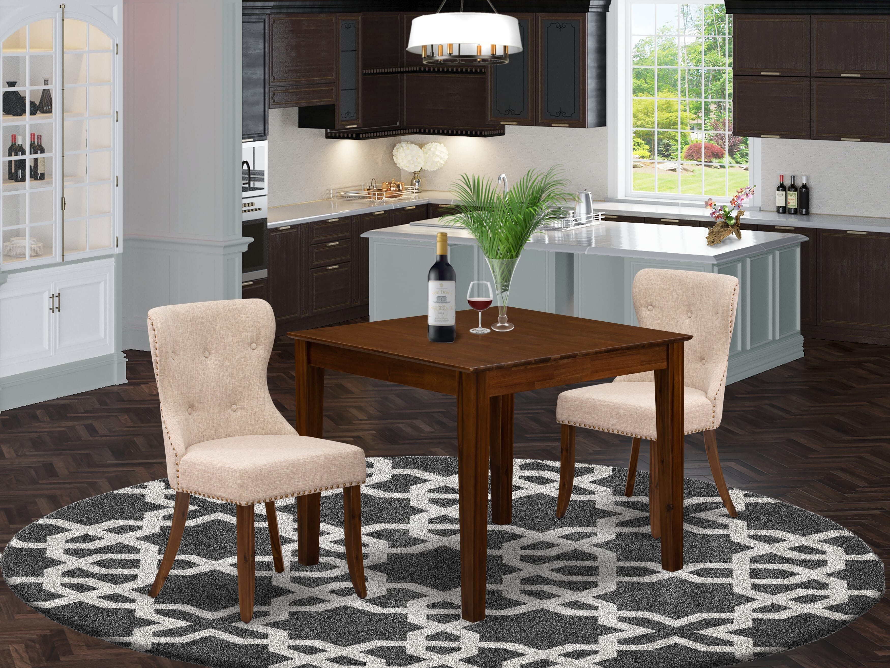 Juego de comedor de 3 piezas East West Furniture OXSI3-AWA-04. Incluye una mesa de comedor cuadrada y 2 sillas de cocina Parson.