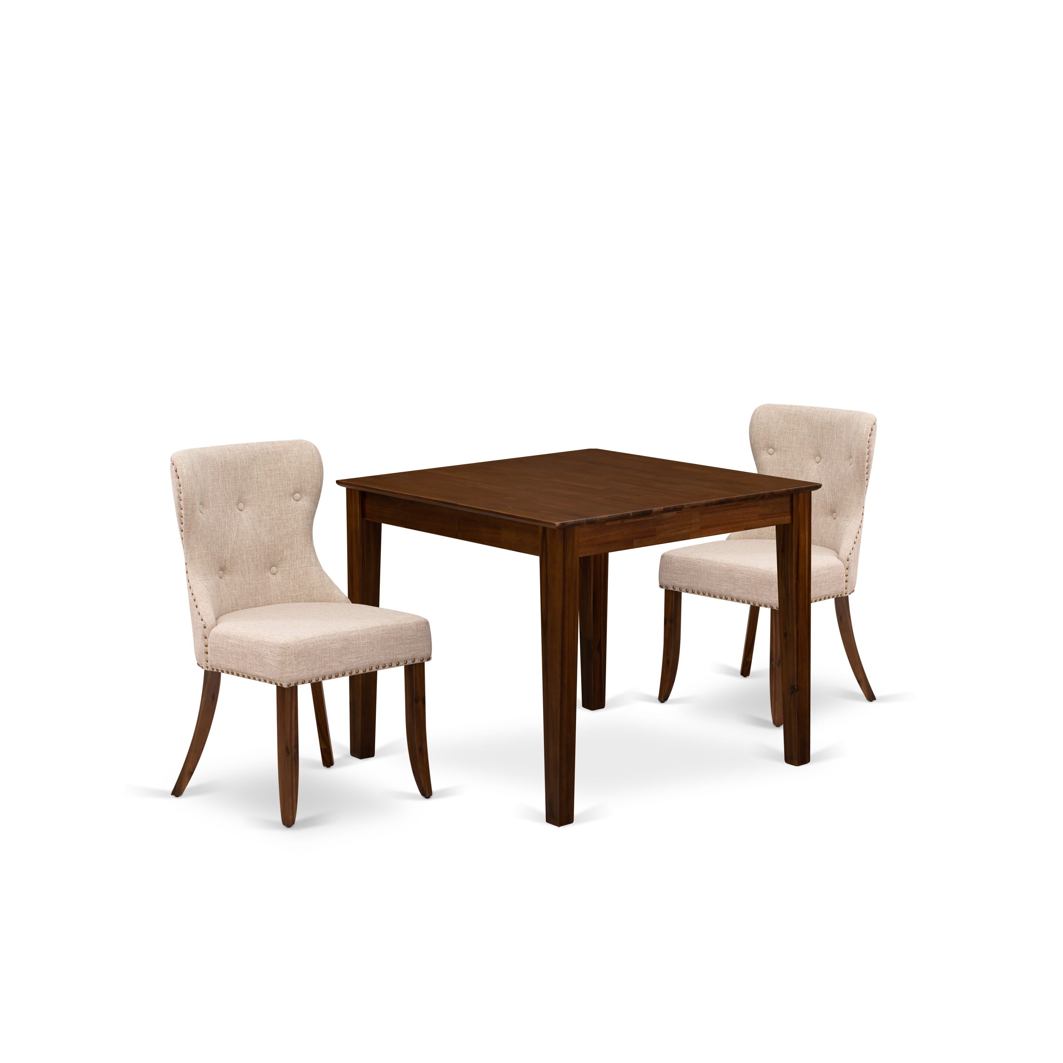 Juego de comedor de 3 piezas East West Furniture OXSI3-AWA-04. Incluye una mesa de comedor cuadrada y 2 sillas de cocina Parson.