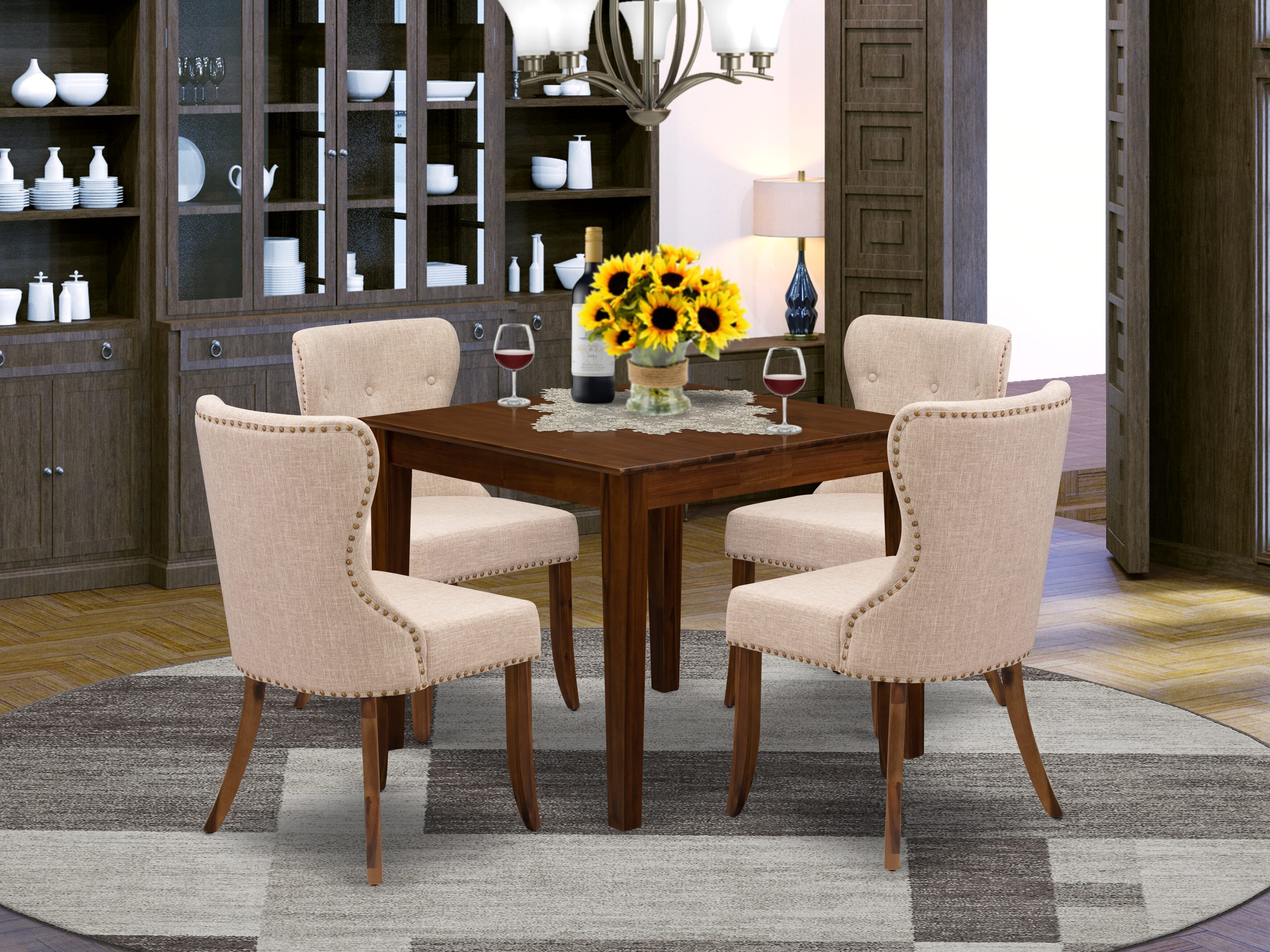 OXSI5-AWA-04 5 Piece Dinette Set for Small Spaces Contains a Square Modern Dining Table and 4 Upholstered Parson Chairs, 36x36 Inch, Antique Walnut