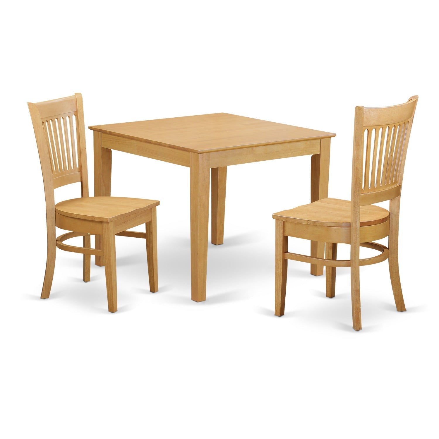 Juego de comedor de 3 piezas East West Furniture OXVA3-OAK-W para espacios pequeños. Contiene una mesa de comedor cuadrada y 2 sillas de comedor.
