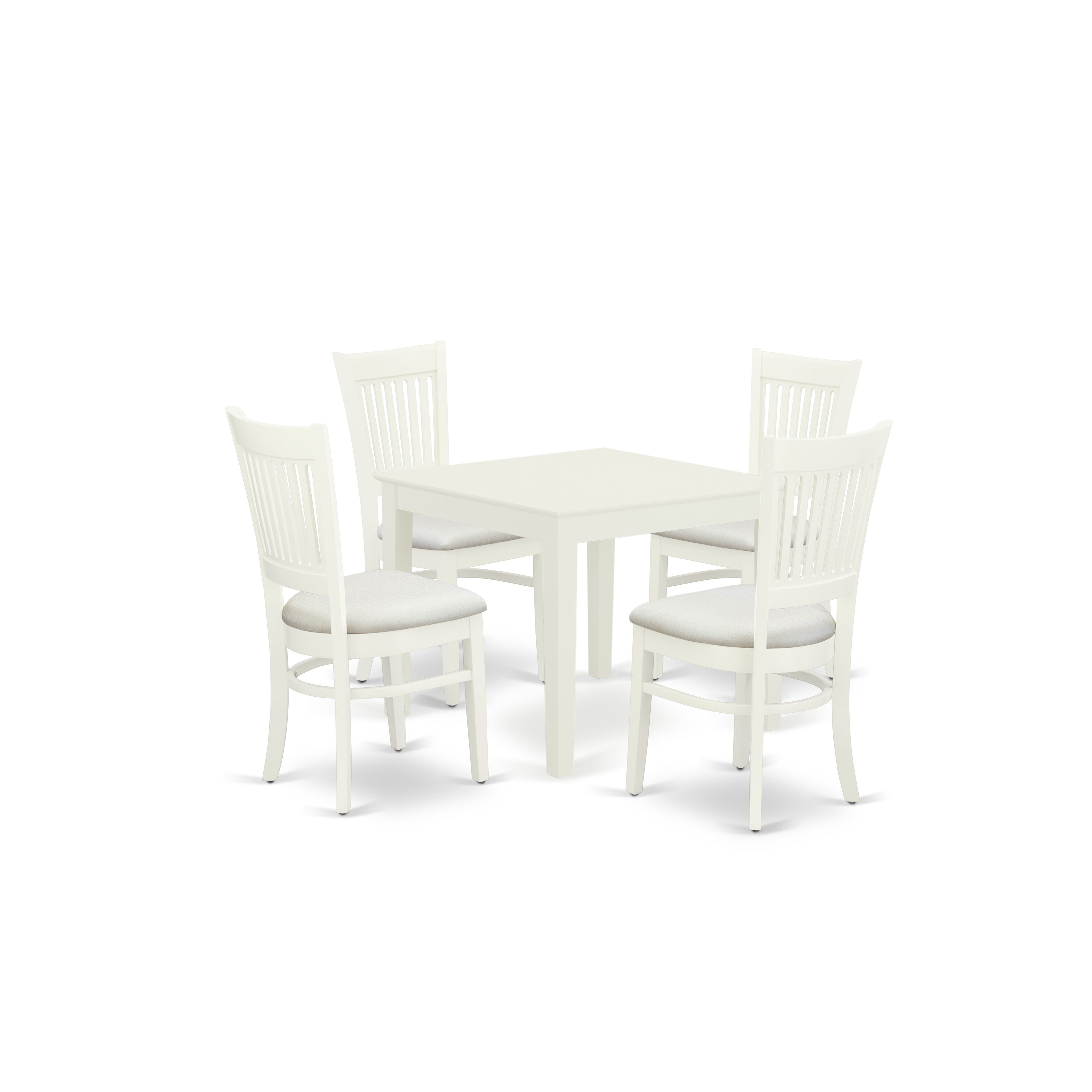 Juego de mesa de comedor de 5 piezas East West Furniture OXVA5-LWH-C. Incluye una mesa cuadrada de madera y 4 sillas de comedor de cocina de tela de lino.