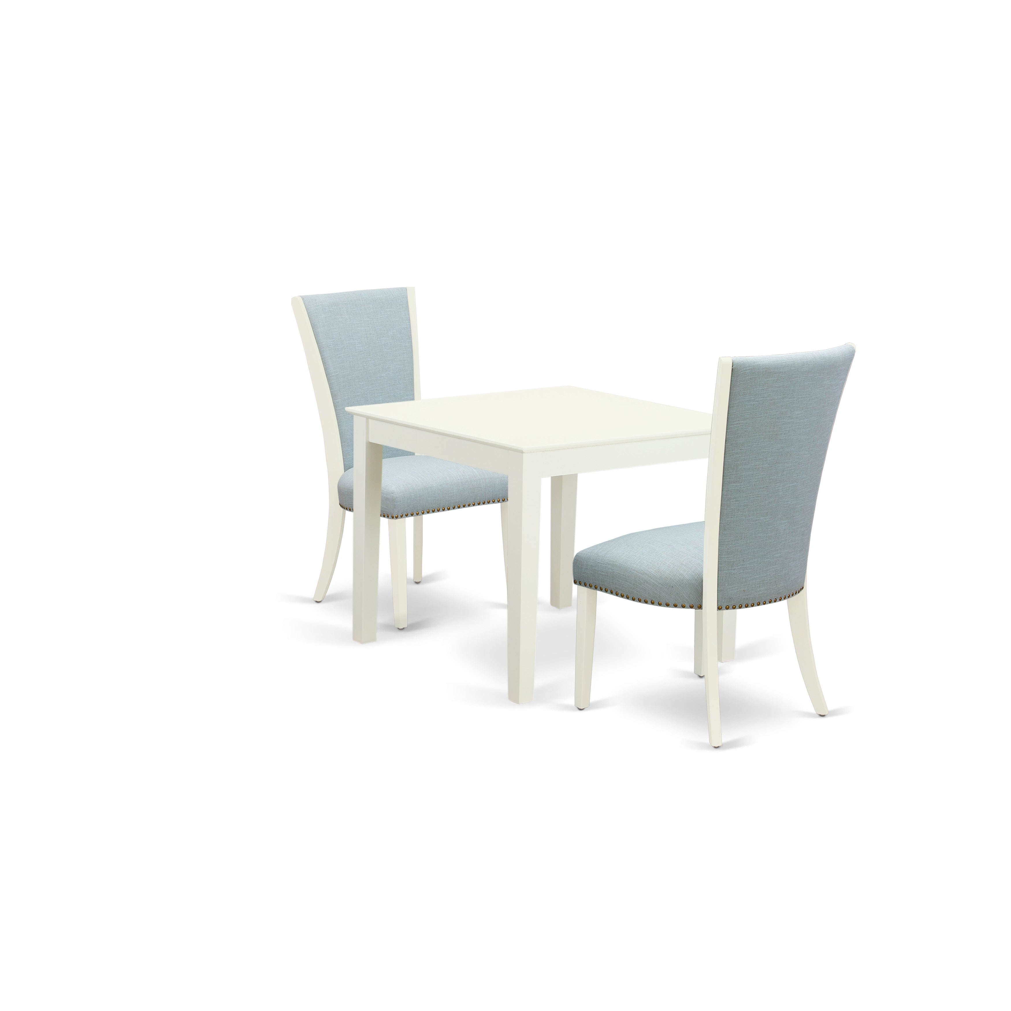 EAST WEST FURNITURE - OXVE3-LWH-15 - 3 Piece Dinette Room Set - 2 Baby Blue Linen Fabric Dining Room Chairs with High Back and 1 Square Dining Table - linen white Finish