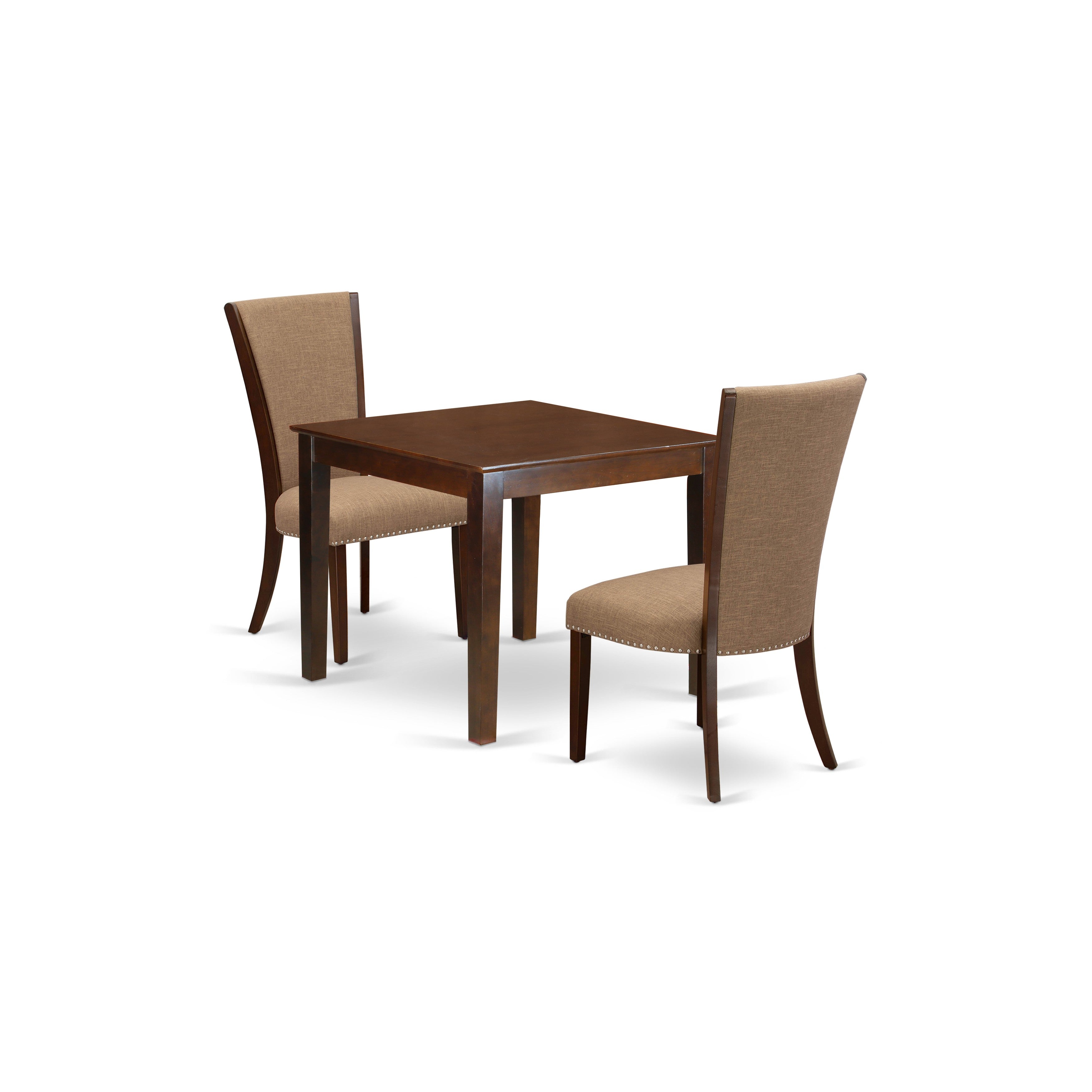 EAST WEST FURNITURE - OXVE3-MAH-47 - 3 Piece Kitchen Table Set - 2 Light Sable Linen Fabric Mid Century Dining Chairs with High Back and 1 Square Dining Table - Mahogany Finish
