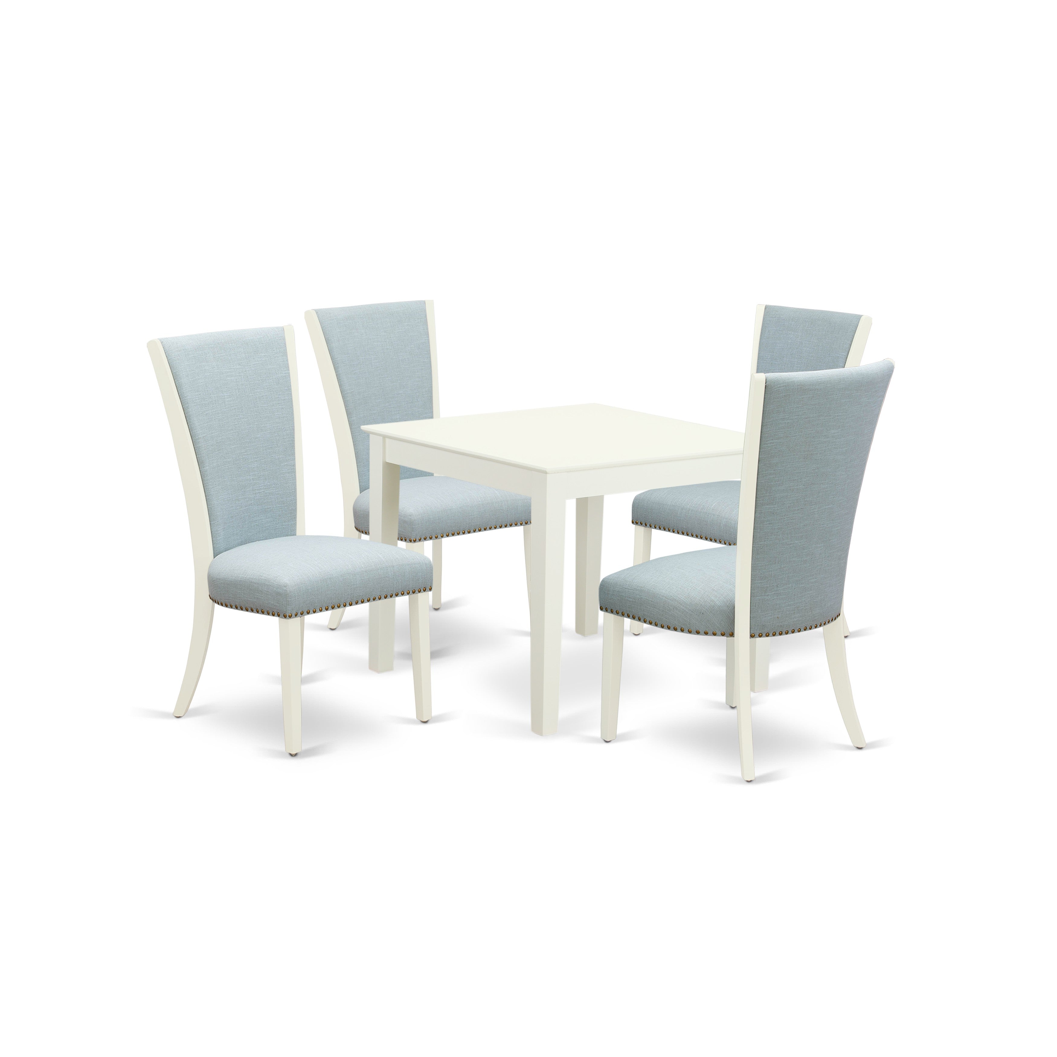 EAST WEST FURNITURE - OXVE5-LWH-15 - 5 Pc Dinette Room Set - 4 Baby Blue Linen Fabric Dining Chairs with High Back and 1 Square Dining Table - linen white Finish